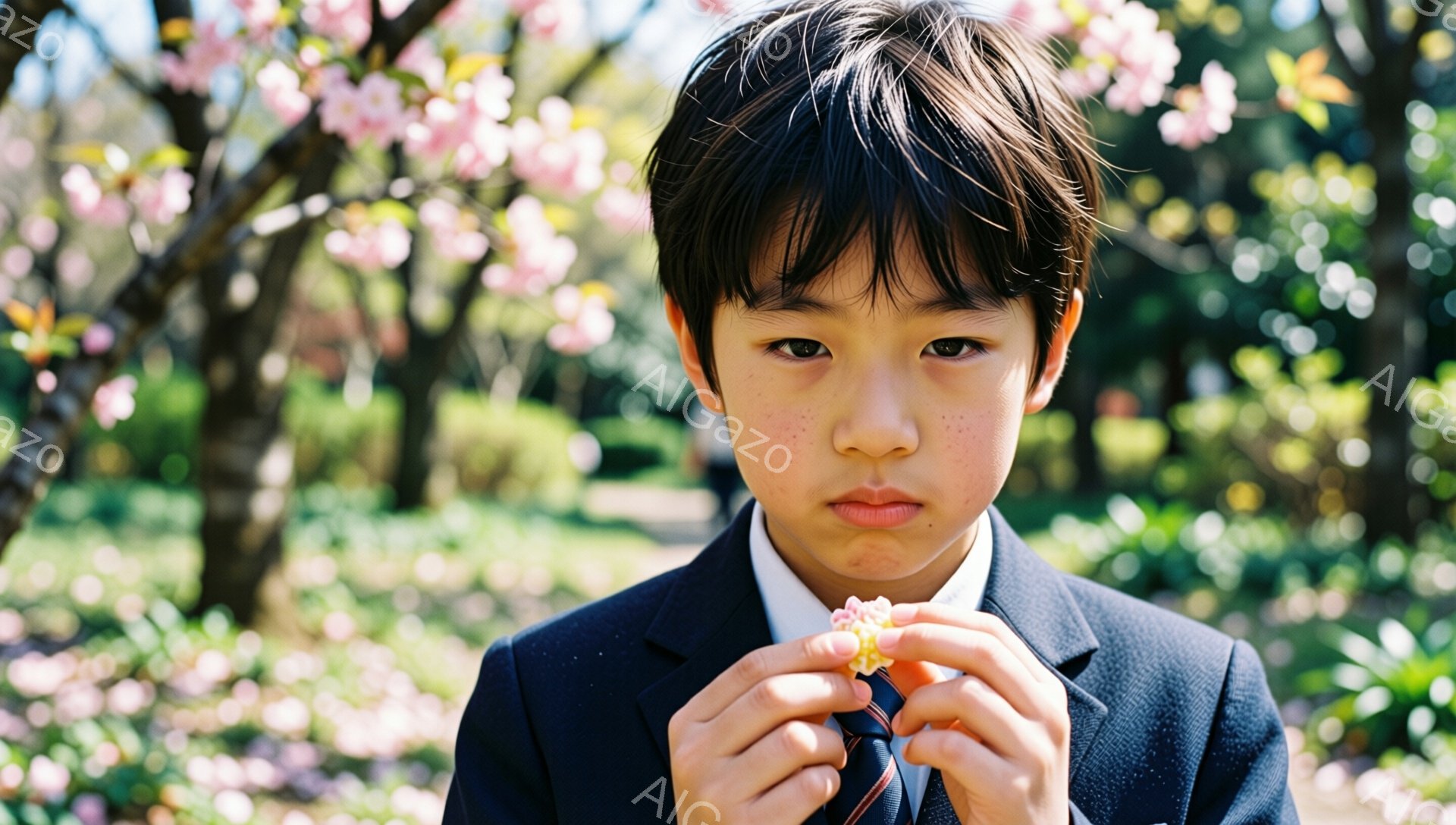 茶髪で前髪を下ろした少年が、制服姿で桜の花びらを手に持っています。真剣な表情で花びらを覗き込む姿は、春の穏やかな空気と少年の真面目さを表現しています。背景には、満開の桜並木と緑豊かな自然が広がり、暖かく柔らかい光が全体を包んでいます。