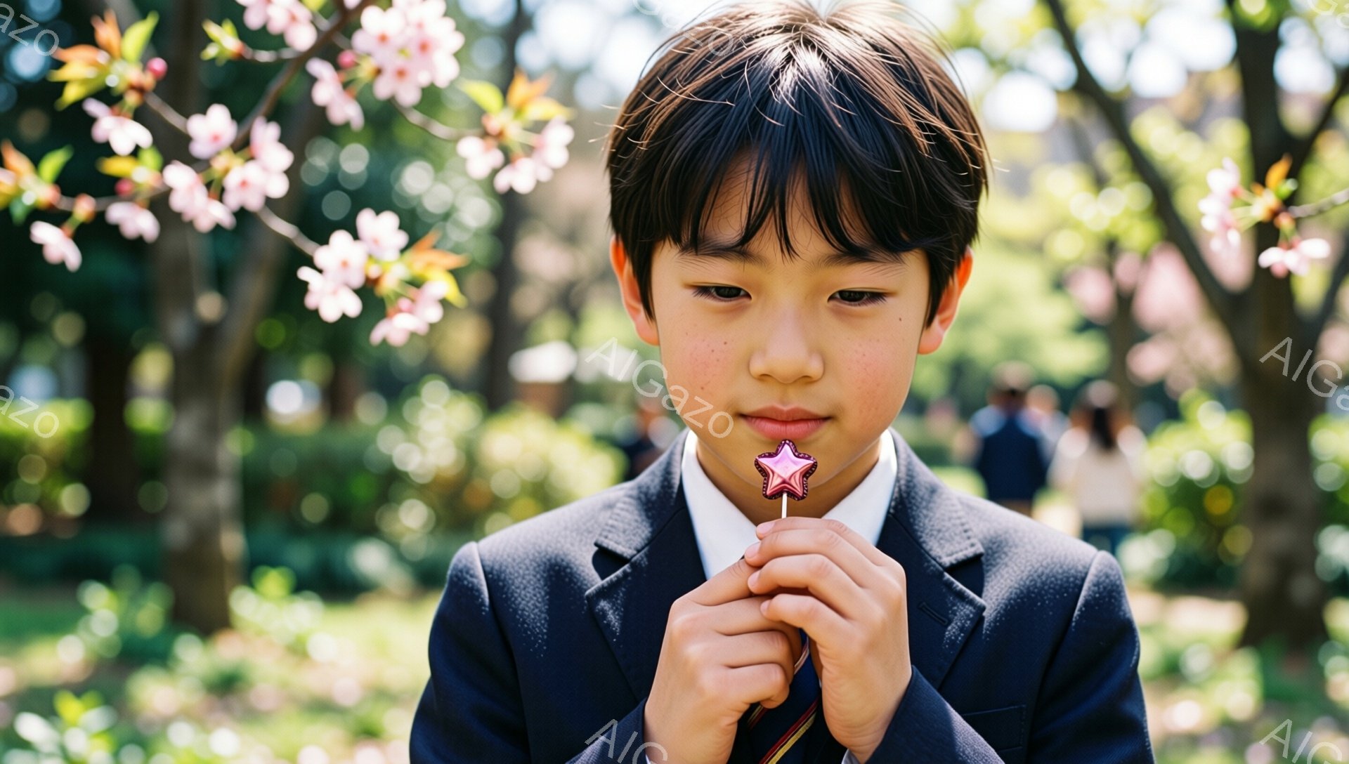 少年は紺色のブレザーと白いシャツ、赤いネクタイを着用し、両手で星形のキャンディーを持っています。少し照れたような表情で、前を見つめています。背景には桜の木が咲き誇り、春の穏やかな日差しが差し込んでいます。