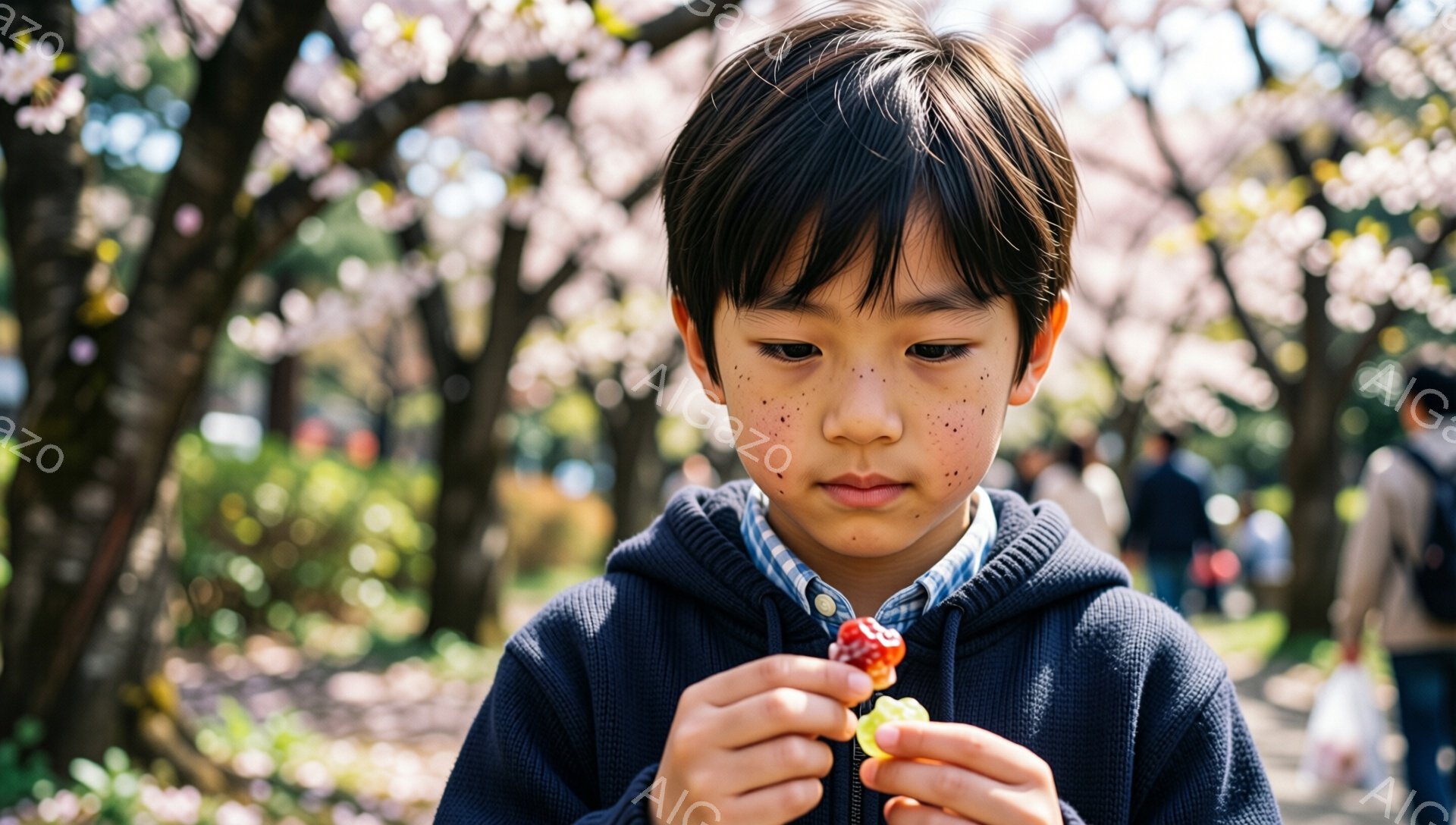 男の子は、青いパーカーと水色のチェックシャツを着ており、前髪が少し長めで目にかかっています。彼は何かキャンディーのようなものを手に持ち、集中して眺めています。背景には、桜の花が咲き乱れる木々と、ぼやけた人影が見え、春の暖かな日差しが感じられます。