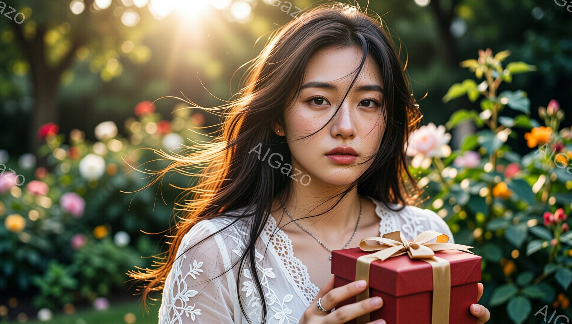 長い黒髪をなびかせ、白いレースのブラウスを着た若い女性が、赤いリボンで結ばれた赤いギフトボックスを抱えています。彼女は少し憂いを帯びた表情で、カメラを見つめています。背景には、様々な色の花々が咲き乱れる緑豊かな庭があり、暖かい光が差し込んで優雅な雰囲気を醸し出しています。