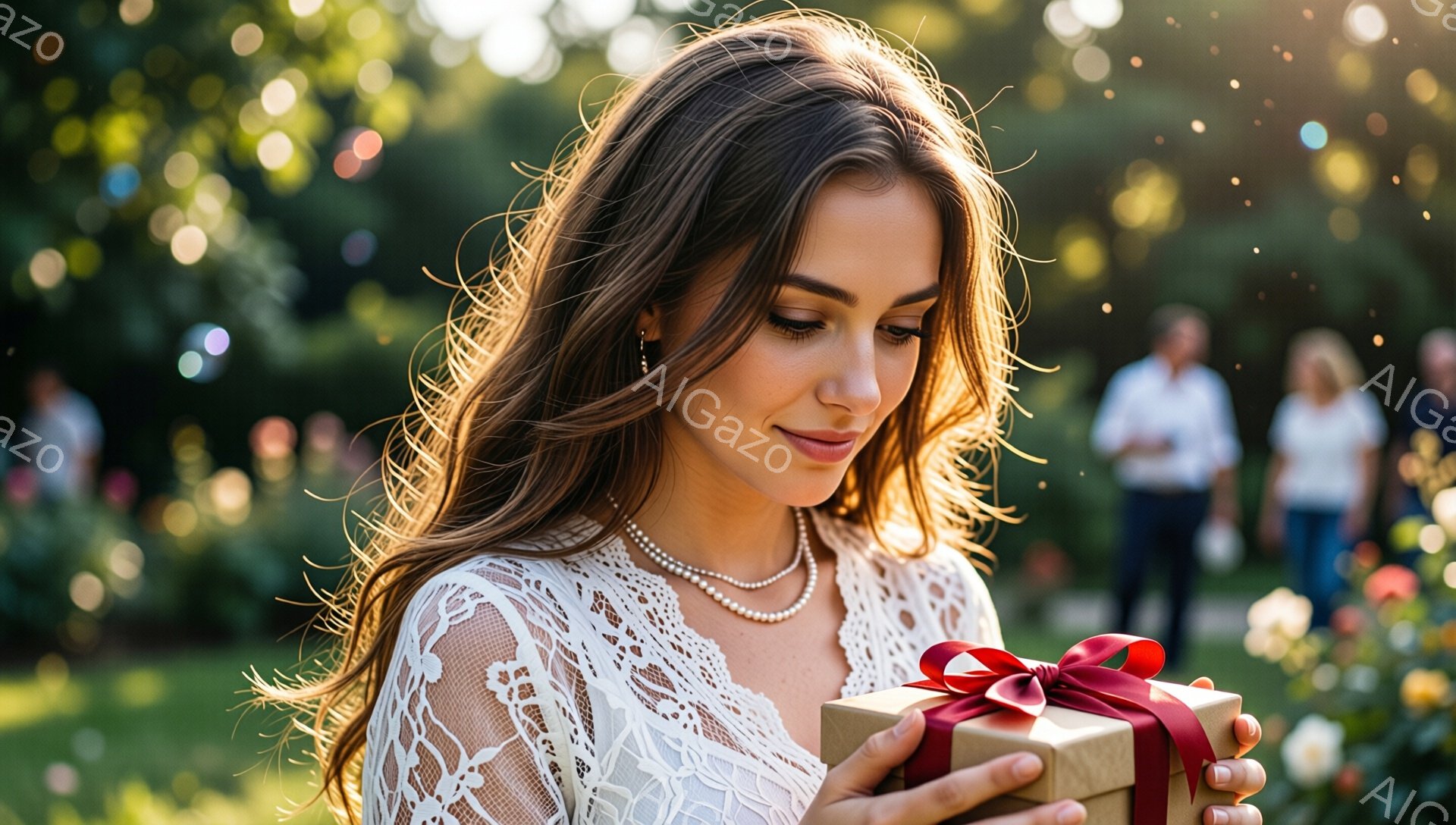 長い茶色の髪を無造作に肩にかけ、白いレースのブラウスと真珠のネックレスを身に着けた女性が、赤いリボンで結ばれた小さなギフトボックスを両手で抱えています。彼女はわずかに微笑み、ギフトボックスを見つめる優しい表情をしています。背景は緑豊かな庭園で、ぼやけた人影が見え、光が差し込む暖かい雰囲気が漂っています。