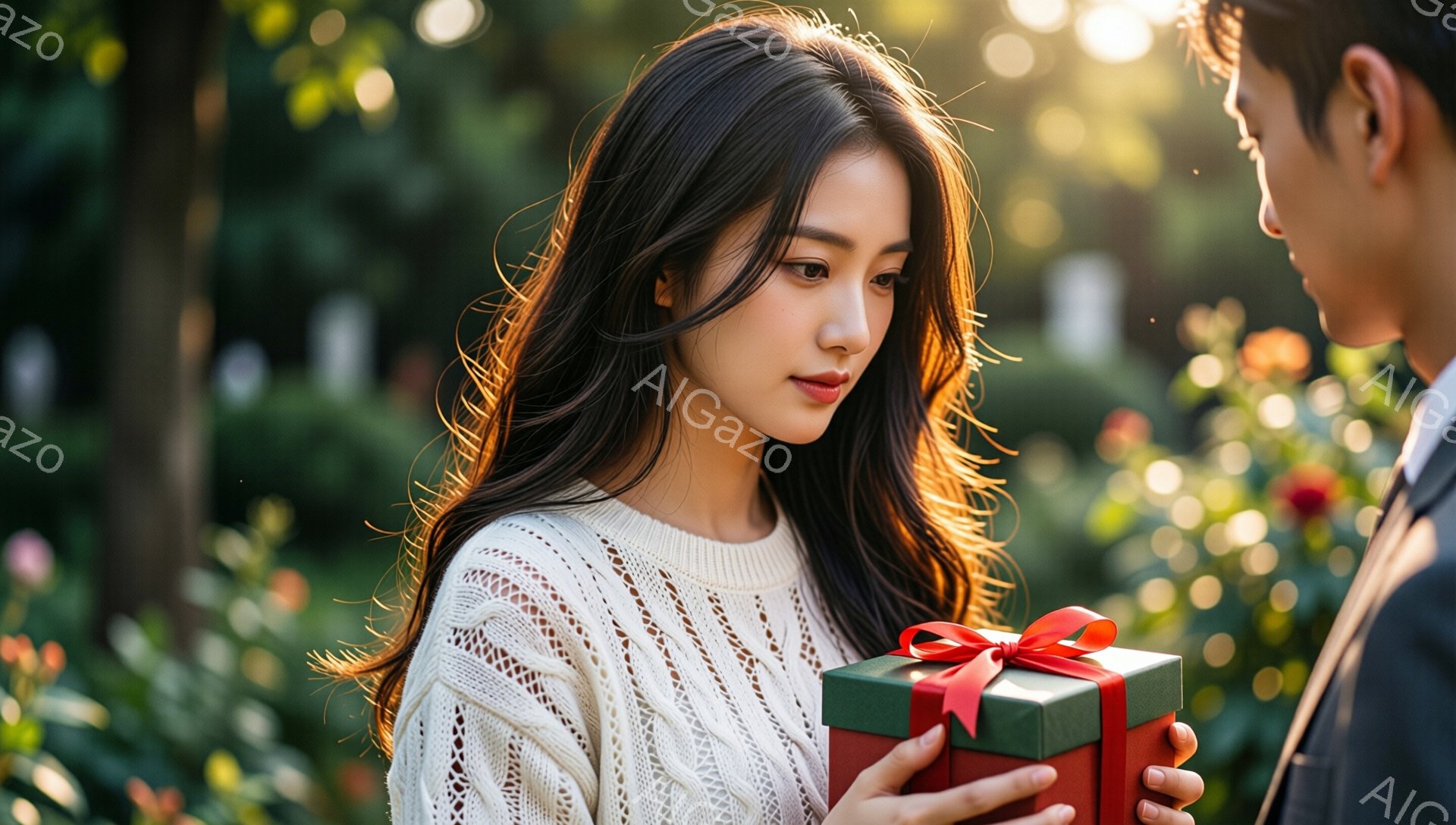 長い黒髪をサイドに流した女性は、オフホワイトの編みニットを着ています。彼女は赤いリボンで飾られた緑色のギフトボックスを両手で抱え、少し下を向いて控えめな表情をしています。背景には、ぼやけた緑豊かな植物 - AI生成フリー素材