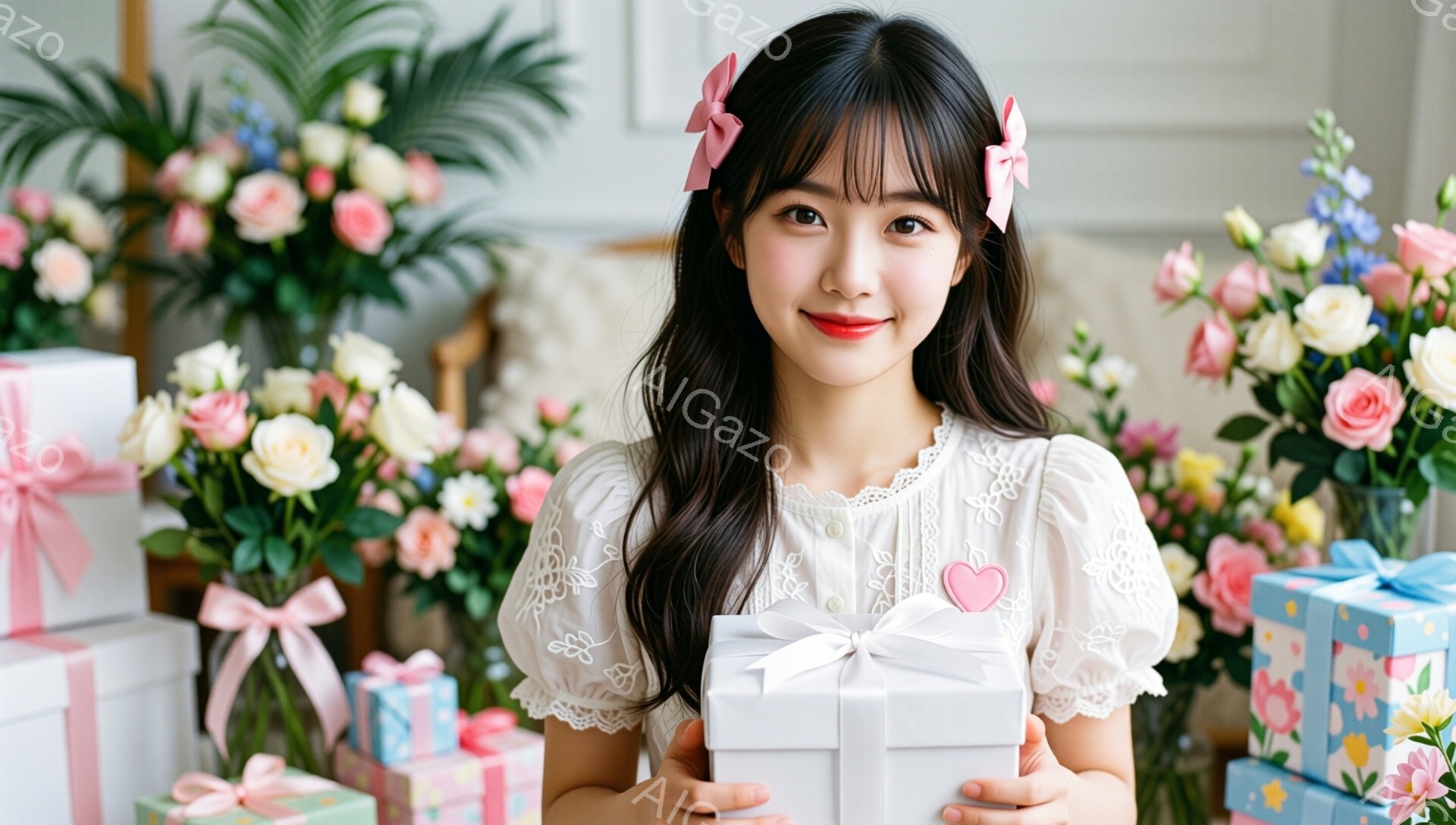 黒髪で前髪を少し短くした女性が、白いパフスリーブのブラウスを着ています。彼女は微笑んでおり、ピンクのリボンで結んだ髪、そして両手に白いリボンとハートの飾りが付いたプレゼントボックスを持っています。背景 - AI生成フリー素材
