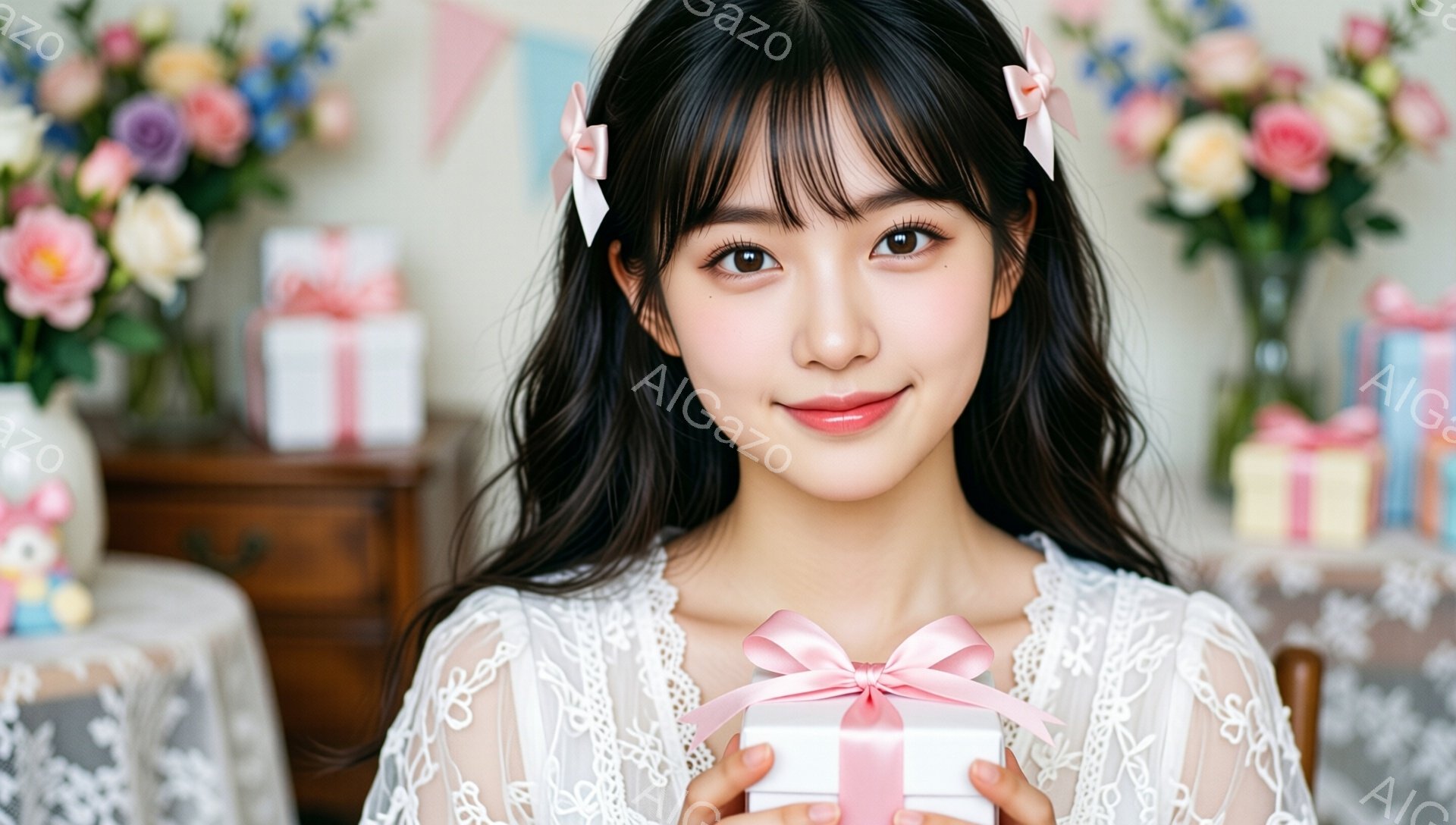 黒髪で、前髪を少しふんわりとさせた女性が、ピンク色のリボンで結んだツインテールにしています。白いレースのブラウスを着ており、顔には微笑みが浮かんでいます。彼女は両手で小さなピンク色のギフトボックスを抱 - AI生成フリー素材