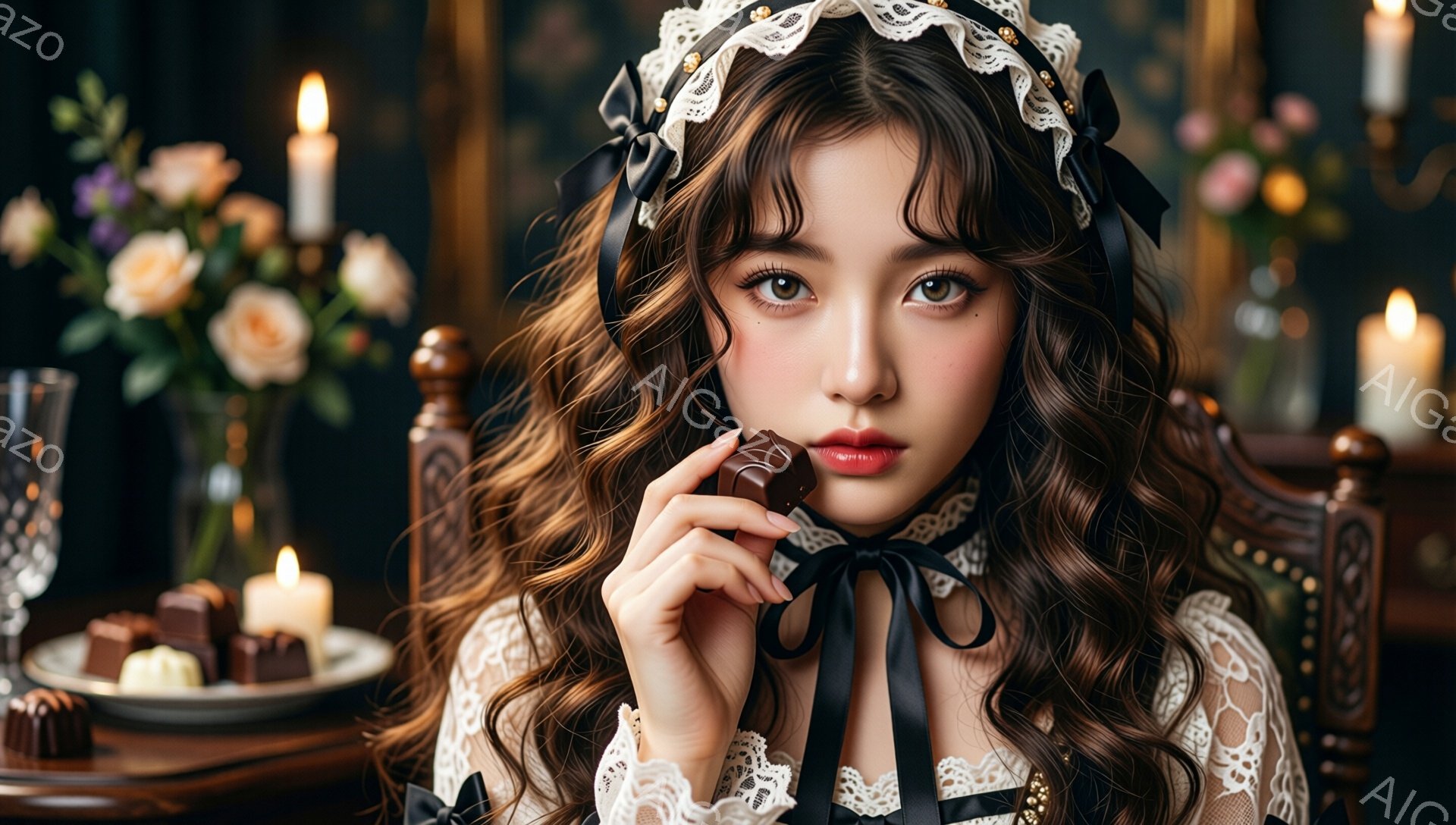 長い巻き毛の髪にレースのボンネットを被った若い女性が、チョコレートを手に持っています。彼女はレースの襟とリボンが飾られた白いブラウスを着ており、少し微笑みを浮かべ、カメラを見つめています。背景には、キャンドル、花、アンティーク調の家具が見え、暖かくロマンチックな雰囲気を醸し出しています。