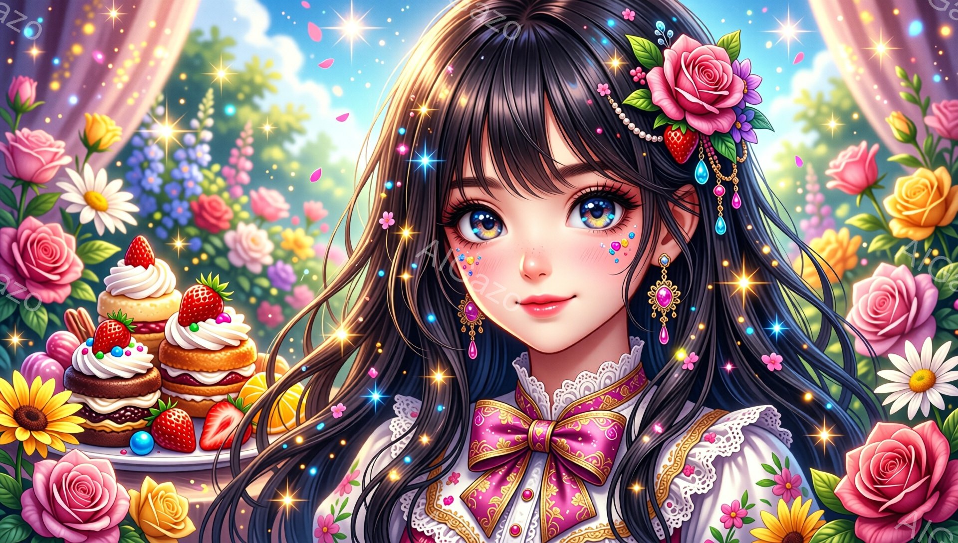 長い黒髪にバラとイチゴの髪飾りをつけた少女が描かれています。レースの襟と大きなリボンが印象的なピンクのドレスを着用し、輝く瞳と頬のそばかすが愛らしい表情を際立たせています。背景には色とりどりの花々が咲き乱れ、ケーキが並べられたお皿が置かれ、華やかで夢のような雰囲気を醸し出しています。