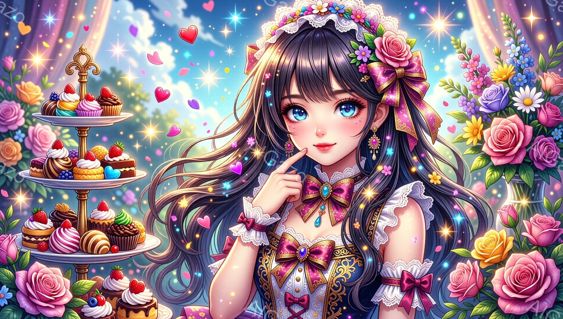 長い黒髪に花飾りをつけた少女が描かれています。彼女はオフショルダーのフリル付きドレスを着ており、首元には宝石のペンダントが輝いています。背景には色とりどりの花々が咲き乱れ、ケーキが並んだ三段重ねのケー - AI生成フリー素材