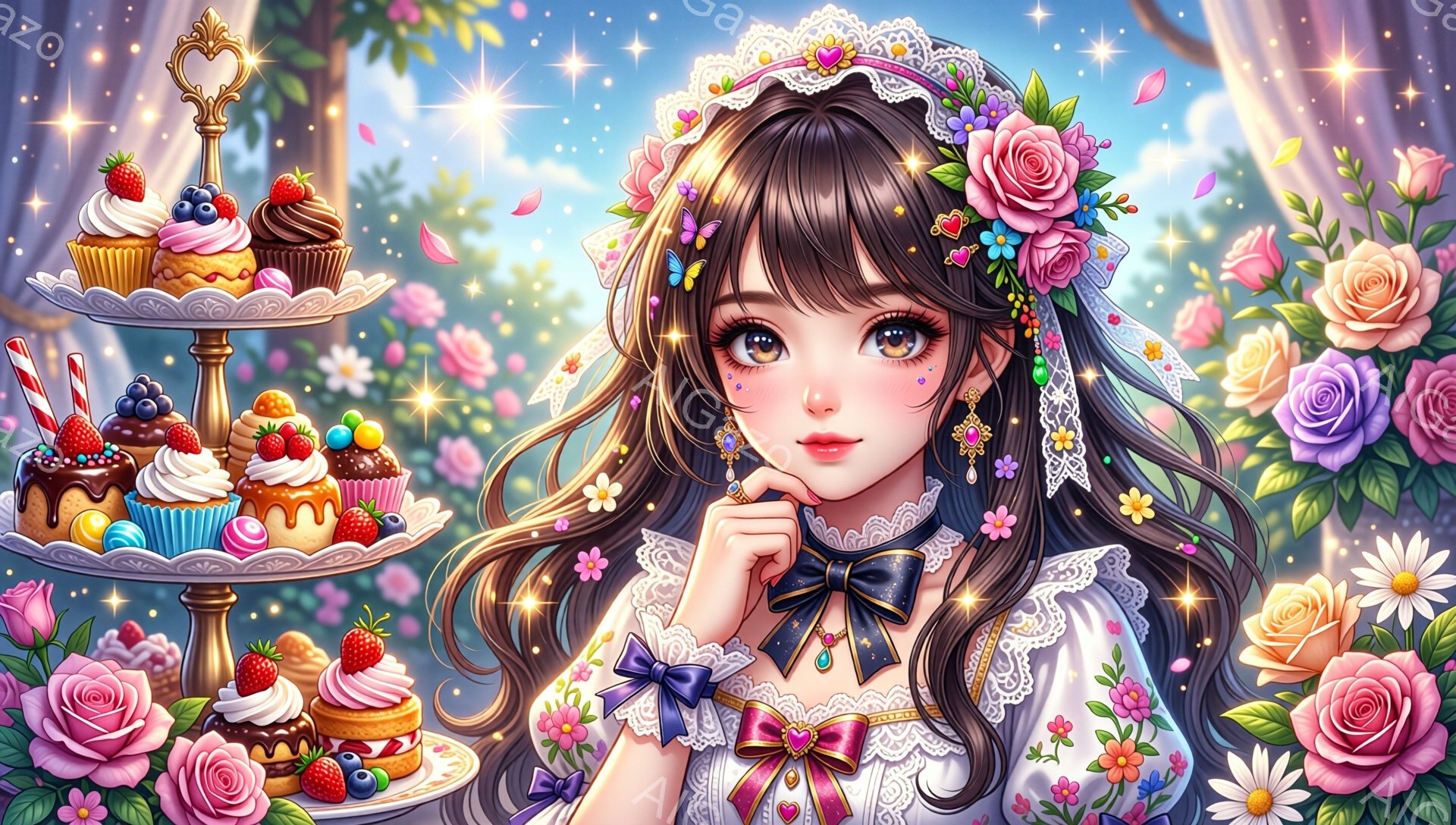 長い巻き毛の髪に花飾りをつけた少女が、繊細なレースとリボンで飾られた白いドレスを着ています。彼女は指を顎に当て、考え込んでいるような表情をしています。背景には、色とりどりの花々が咲き乱れ、豪華なケーキスタンドが置かれ、お祭りや夢のような雰囲気を醸し出しています。