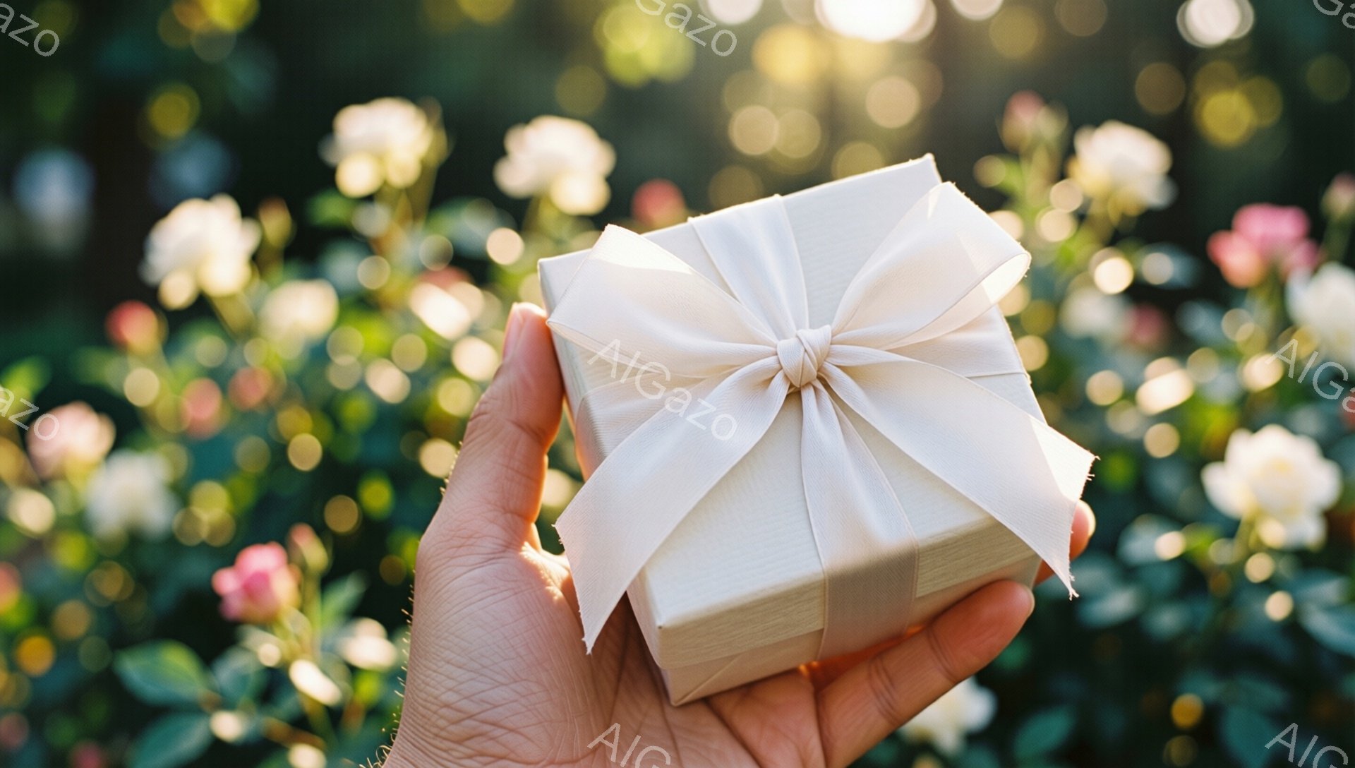 手のひらに、白いリボンで結ばれた白いギフトボックスが乗っています。背景はぼやけたピンクと白の花で、光が差し込み、暖かく柔らかな雰囲気を作り出しています。全体的に、贈り物を受け取る喜びや、特別な日の期待感を感じさせるイメージです。