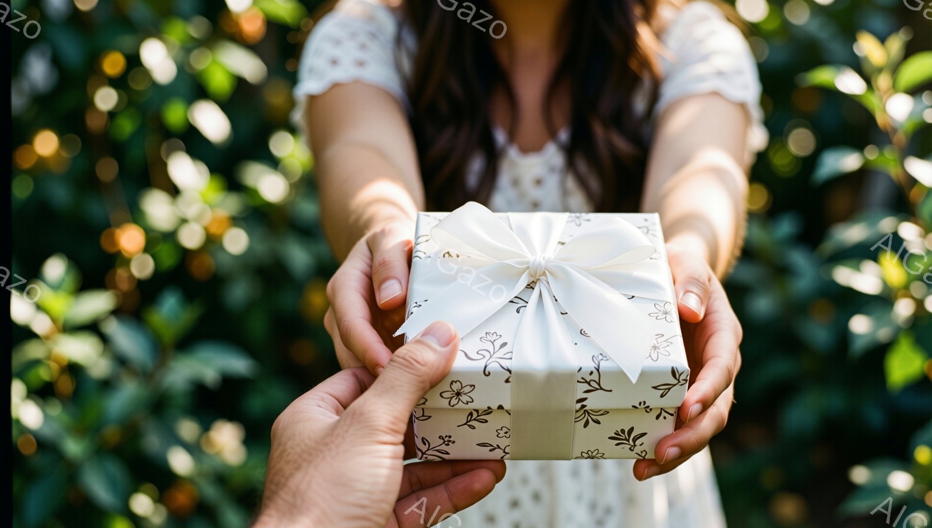 白い花柄のラッピングペーパーで丁寧に包まれたプレゼントが、女性の手によって男性の手へと差し出されている様子が捉えられています。女性は白いレースの袖のドレスを着ており、背景には緑豊かな木々が広がっています。温かく穏やかな雰囲気で、贈り物を受け取る瞬間が感じられます。