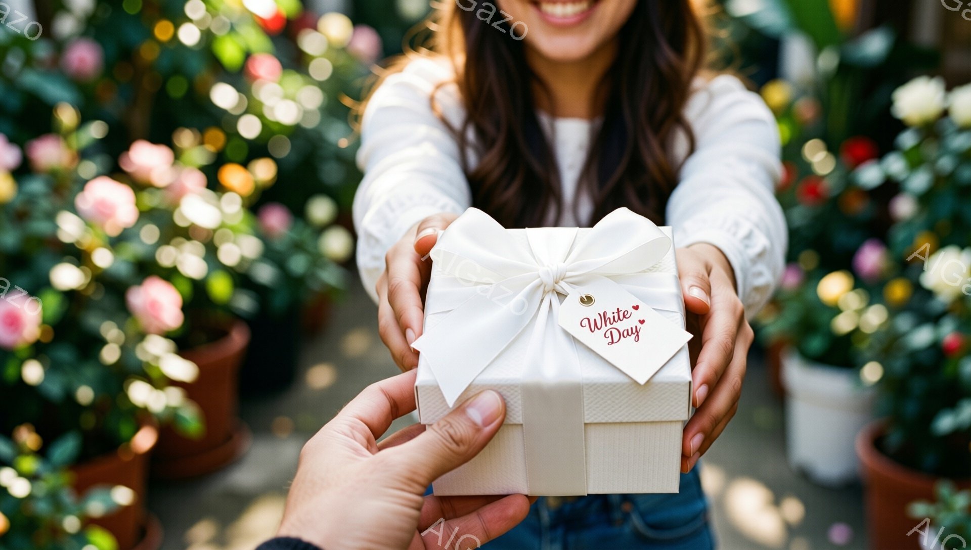 明るい背景の中で、女性が両手を前に差し出し、白いリボンで飾られた小さな白いギフトボックスを受け取ろうとしています。彼女は茶色の長い髪をしており、微笑んでいて、カジュアルな白いトップスを着ています。背景には、さまざまな鉢植えの花がぼやけて写っており、暖かく、お祝いの雰囲気を醸し出しています。