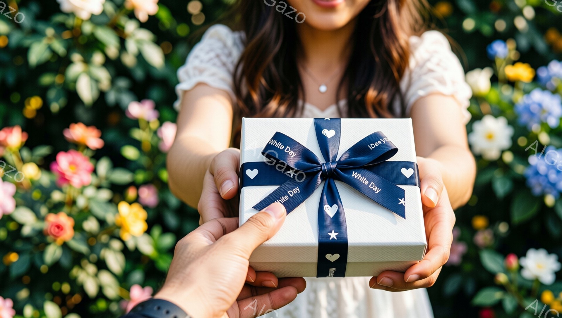 白いドレスを着た女性が、ラッピングされたプレゼントを受け取ろうとしています。プレゼントは白い箱に青いリボンと星の飾りで結ばれており、「White Day」と書かれています。背景には様々な色の花が咲き乱れ、春らしい明るい雰囲気です。