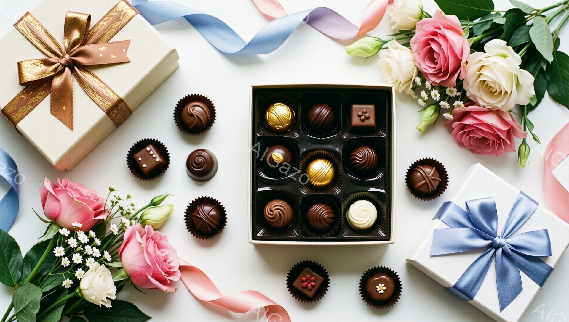 白い背景の上に、チョコレートの箱とバラの花が配置されています。チョコレートの箱は長方形で、様々な種類のチョコレートが並んでおり、ラッピングされたギフトボックスが左右に配置され、リボンが飾られています。 - AI生成フリー素材