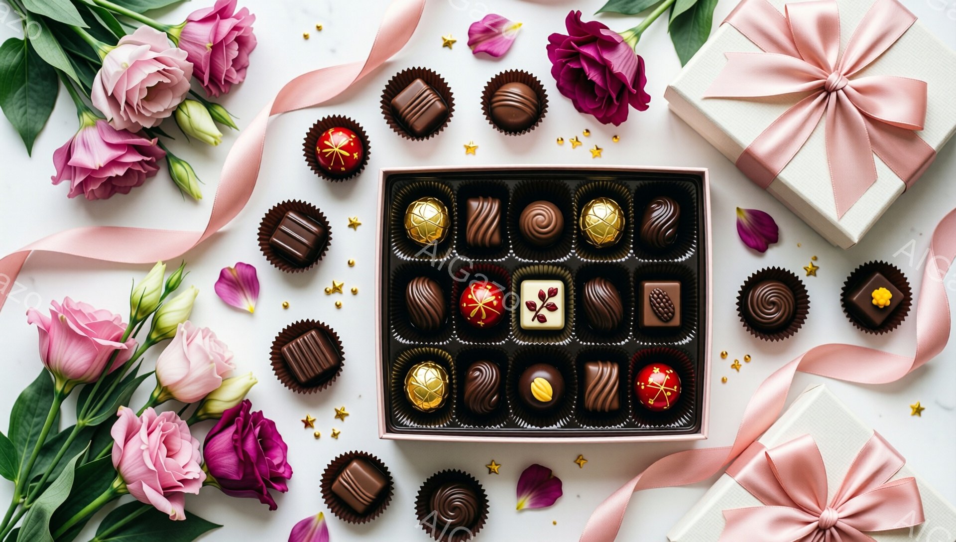 白い背景に、バラの花とチョコレートの詰め合わせが配置されています。チョコレートは様々なデザインで、バラの花びらや金色の星形のコンフェッティが散りばめられています。右側にはリボンのかかったギフトボックス - AI生成フリー素材