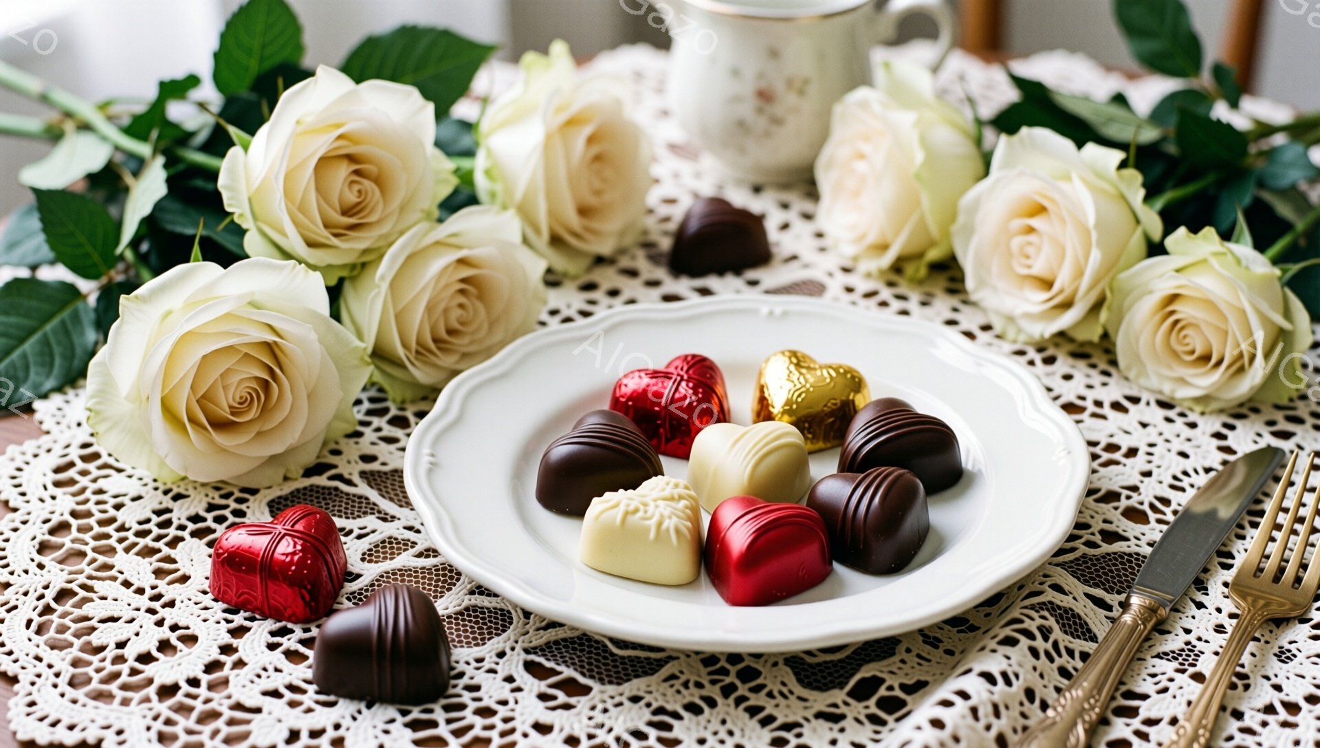 白いバラが数輪、レース編みのテーブルクロスの上に咲き誇り、その隣には様々な色のチョコレートが乗った白い皿が置かれている。背景にはぼんやりと白い磁器のティーポットが見え、フォークとナイフが皿の横にさりげなく添えられている。全体的に、優雅でロマンチックな雰囲気が漂い、特別な日のための甘いお菓子と花々が心地よく調和している。