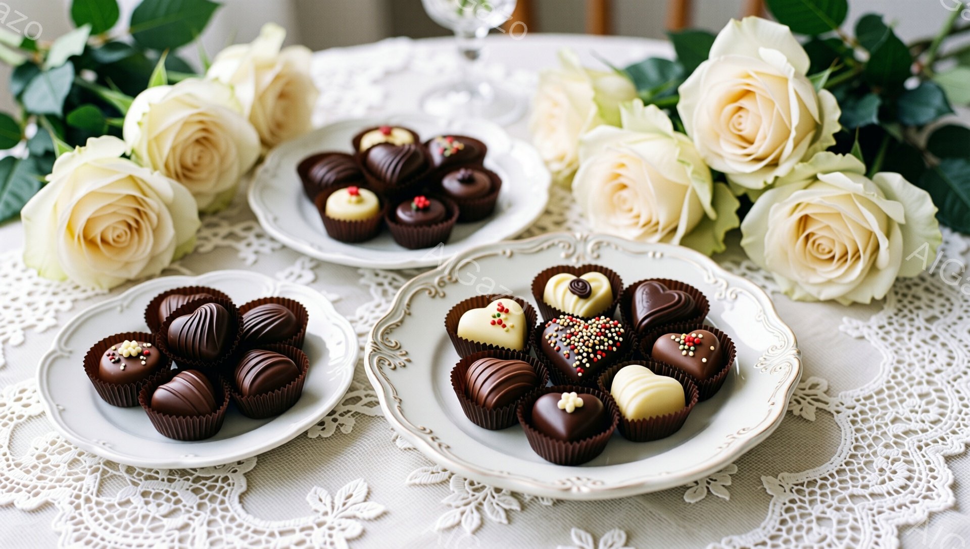 白いレース編みのテーブルクロスの上に、チョコレートが盛り付けられた３枚の小さな白い皿が並んでいます。皿の周りには、オフホワイトのバラがいくつか飾られており、優雅で上品な雰囲気を醸し出しています。チョコレートは様々なデザインと飾り付けがされており、美味しそうで、特別な日のデザートとして楽しむのにぴったりです。