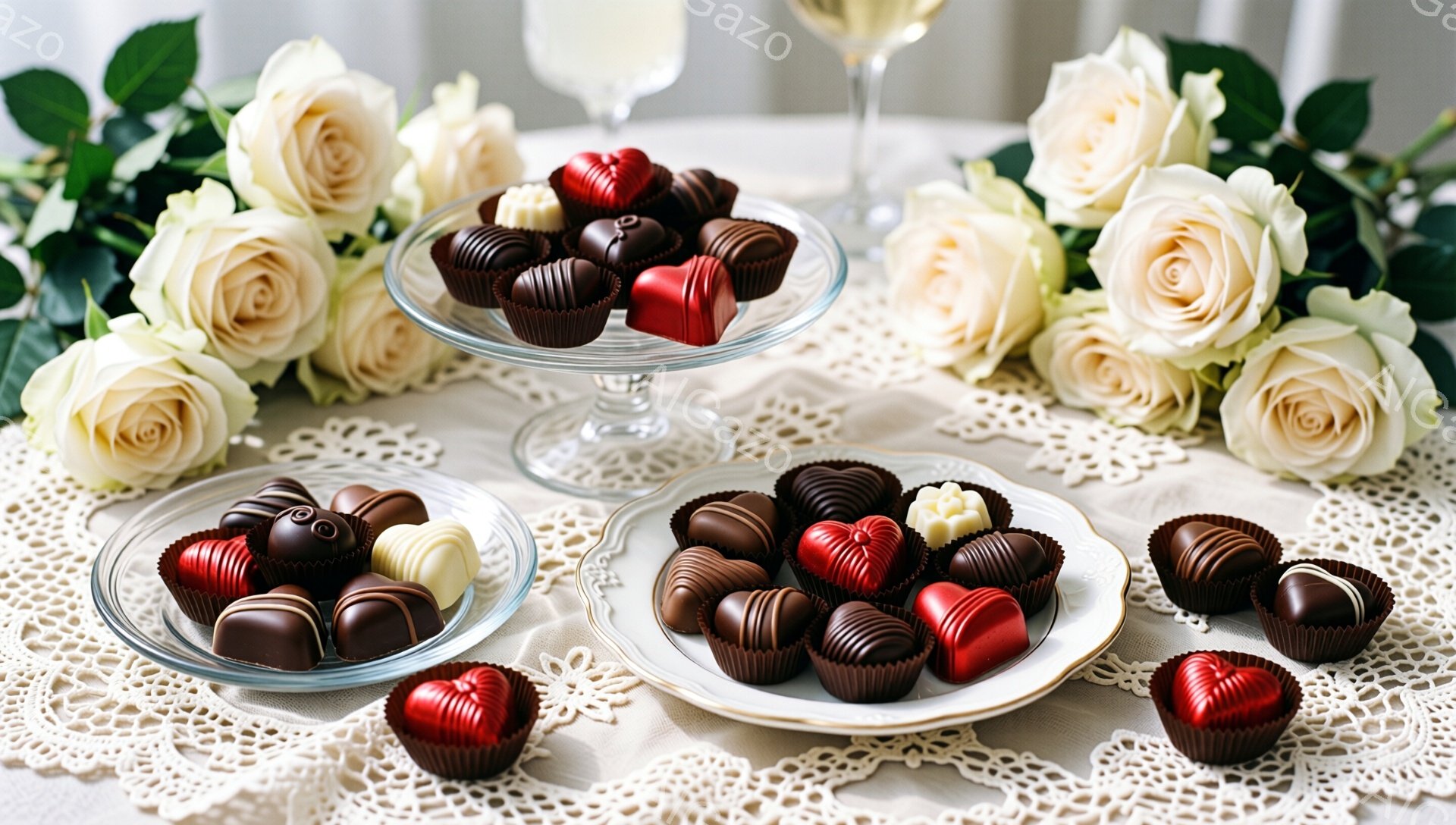 白いバラとチョコレートが並んだ、繊細で上品な雰囲気の画像です。レース模様のテーブルクロスの上には、様々な種類のチョコレートが盛られたガラス製のケーキスタンドと皿が置かれ、その背後に白バラの花束が咲き誇っています。全体的に、ロマンチックで甘い香りが漂うような、特別な日のためのデザートの盛り合わせを表現しています。