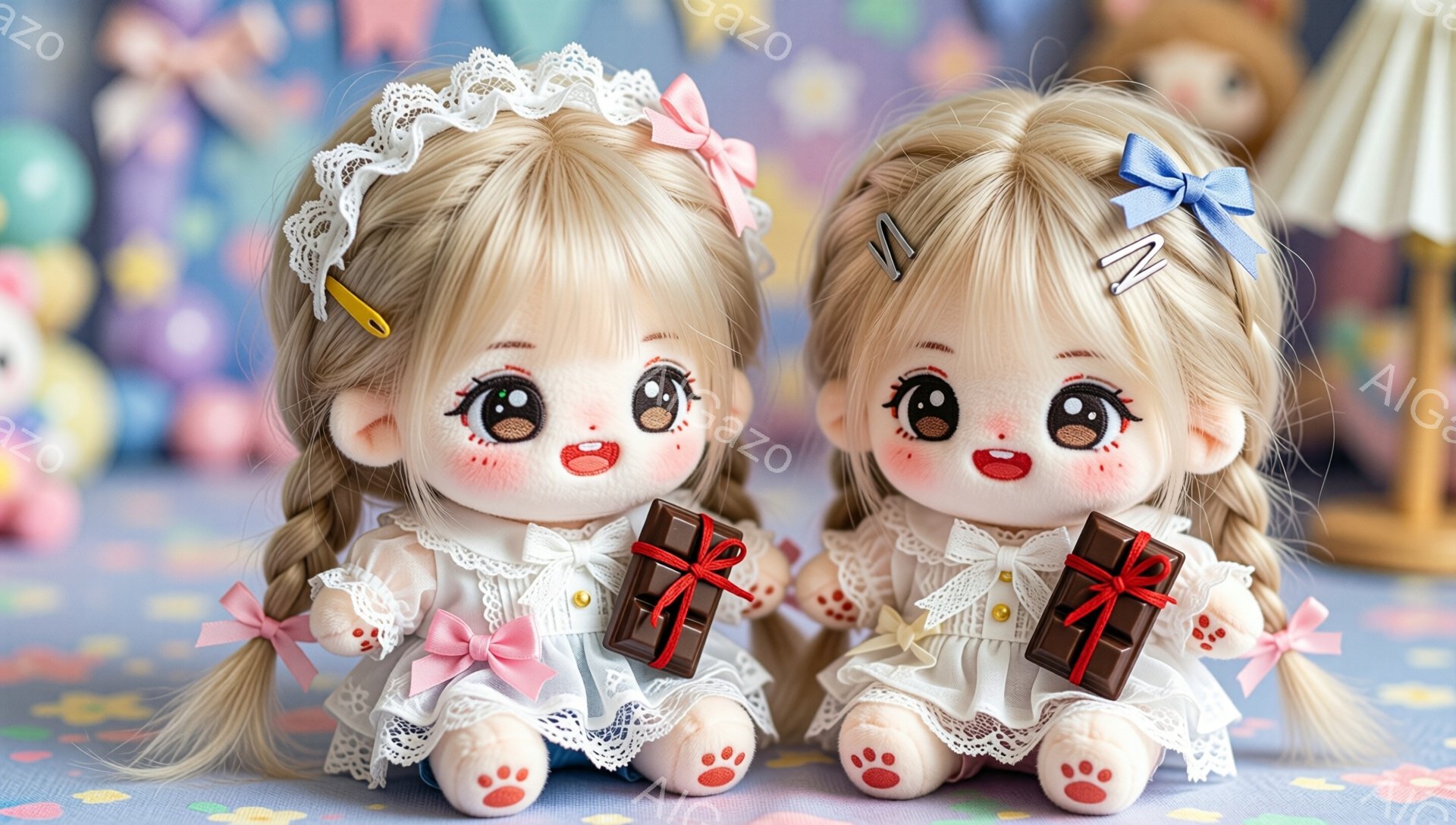 ふわふわのブロンドの髪に、それぞれピンクと青のリボンをつけた可愛らしい人形が2体、青い花柄の敷物の上に座っています。白地にレースの装飾が施されたワンピースを着ており、それぞれ手にチョコレートのプレゼントを持っています。背景にはぼやけたパステルカラーの模様があり、全体的に夢のような、優しい雰囲気が漂っています。