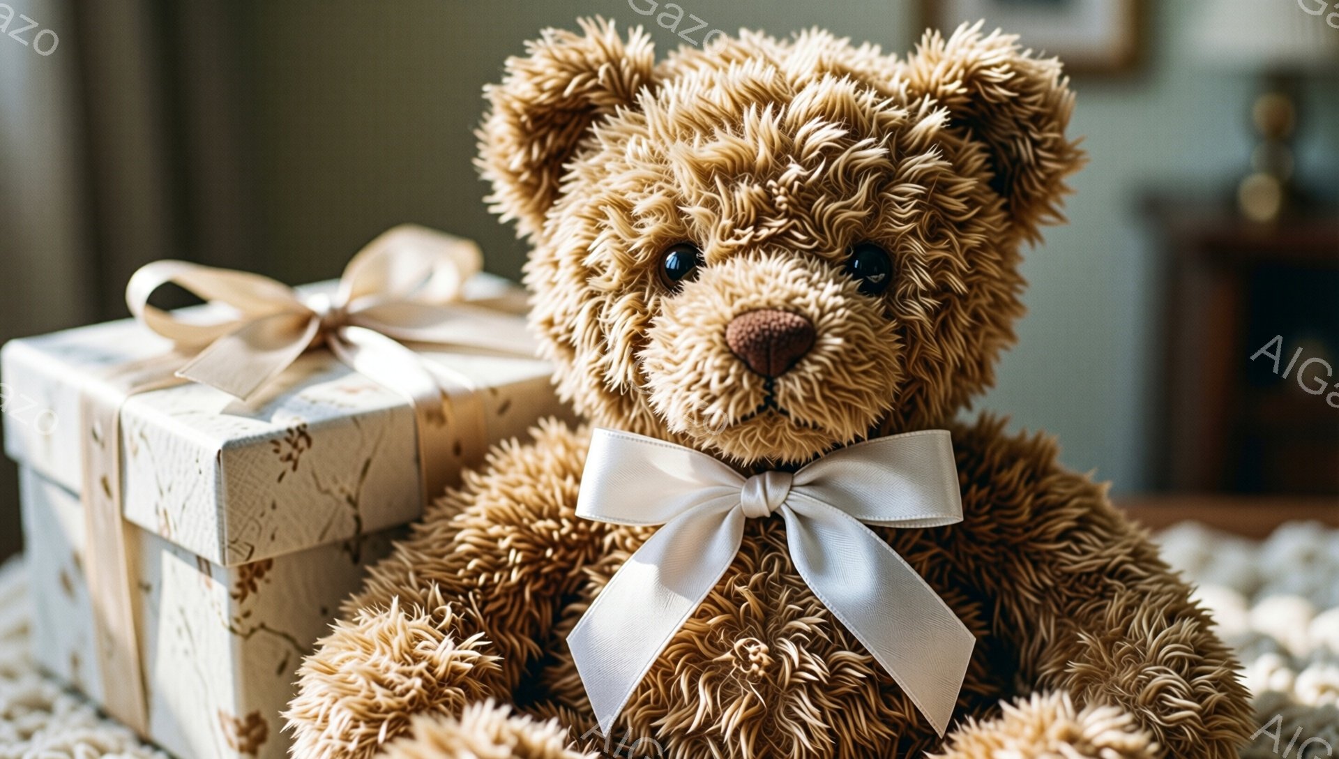 ふわふわの茶色のテディベアが、白いリボンを首につけ、プレゼントの箱の横に座っています。背景にはぼやけた家具が見え、温かく穏やかな雰囲気が漂っています。テディベアの表情は穏やかで、プレゼントとの組み合わせから贈り物や特別な機会を連想させます。