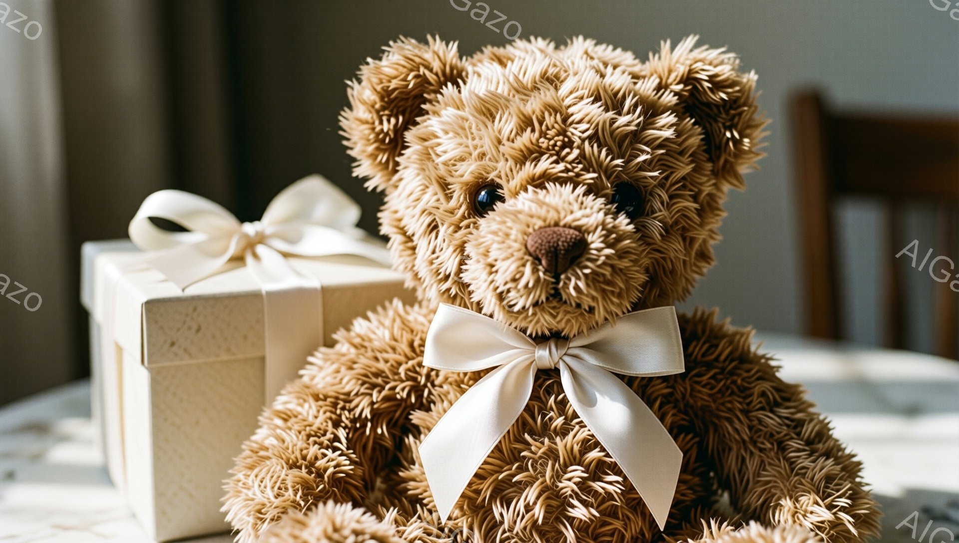 濃い茶色のモコモコのテディベアが、白いリボンで飾られた白いギフトボックスの隣に座っています。ベアは正面を見つめ、首には大きな白いリボンが付いています。背景はぼやけており、木製の椅子とテーブルの一部が見え、全体的に暖かく優しい雰囲気が漂っています。