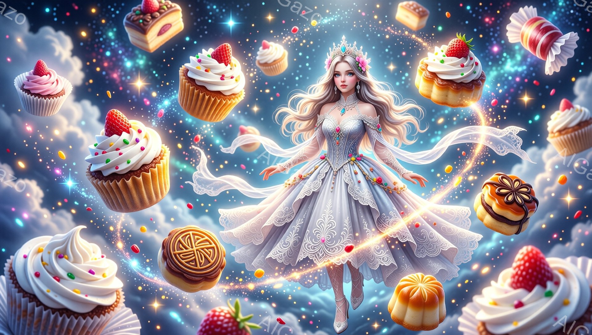 白髪の長い髪をほどこし、銀色のティアラをつけた女性が描かれています。彼女は繊細なレースと宝石が飾られた白いドレスを着ており、宙に浮きながら両手を広げています。背景には、様々な種類のケーキや焼き菓子が散りばめられ、星のような輝きが加わり、幻想的な雰囲気を醸し出しています。