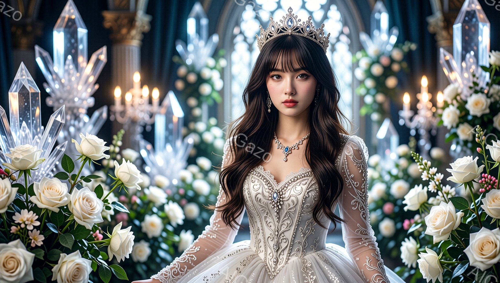 白い豪華なガウンを身に着けた女性が、華やかなバラの花々に囲まれて描かれている。彼女は長い茶髪を肩にかかっており、宝石のティアラとネックレスが上品さを際立たせ、微笑みを浮かべた表情は優雅で神秘的だ。背景には、装飾的なアーチとシャンデリアが見え、夢幻的な雰囲気を醸し出している。