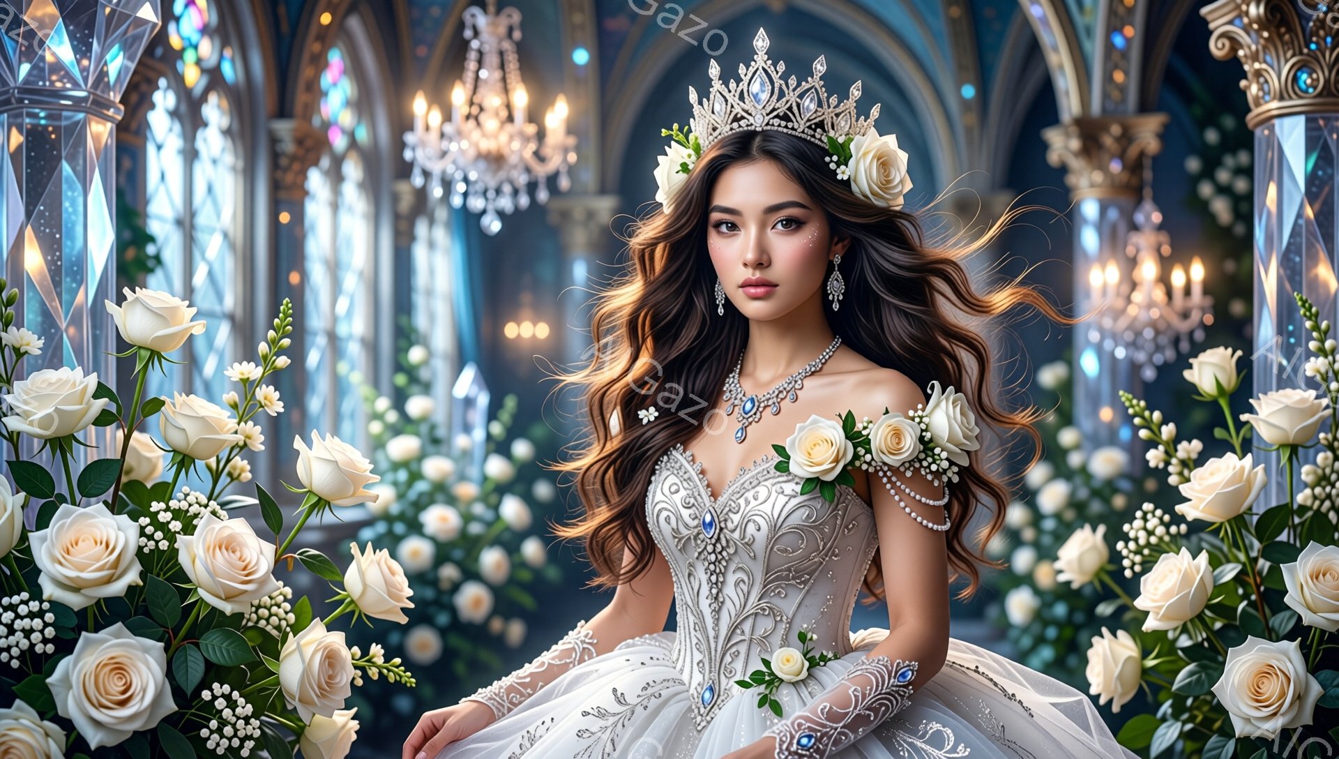 優雅なウェディングドレスを身に纏った女性が、豪華な宮殿のような空間に佇んでいます。彼女は黒髪をゆるやかにウェーブさせ、ティアラと宝石のネックレスで華やかに飾られ、自信に満ちた表情でこちらを見つめています。背景にはステンドグラスやシャンデリアが見られ、周囲には白いバラの花が咲き乱れ、夢のようなロマンチックな雰囲気を醸し出しています。