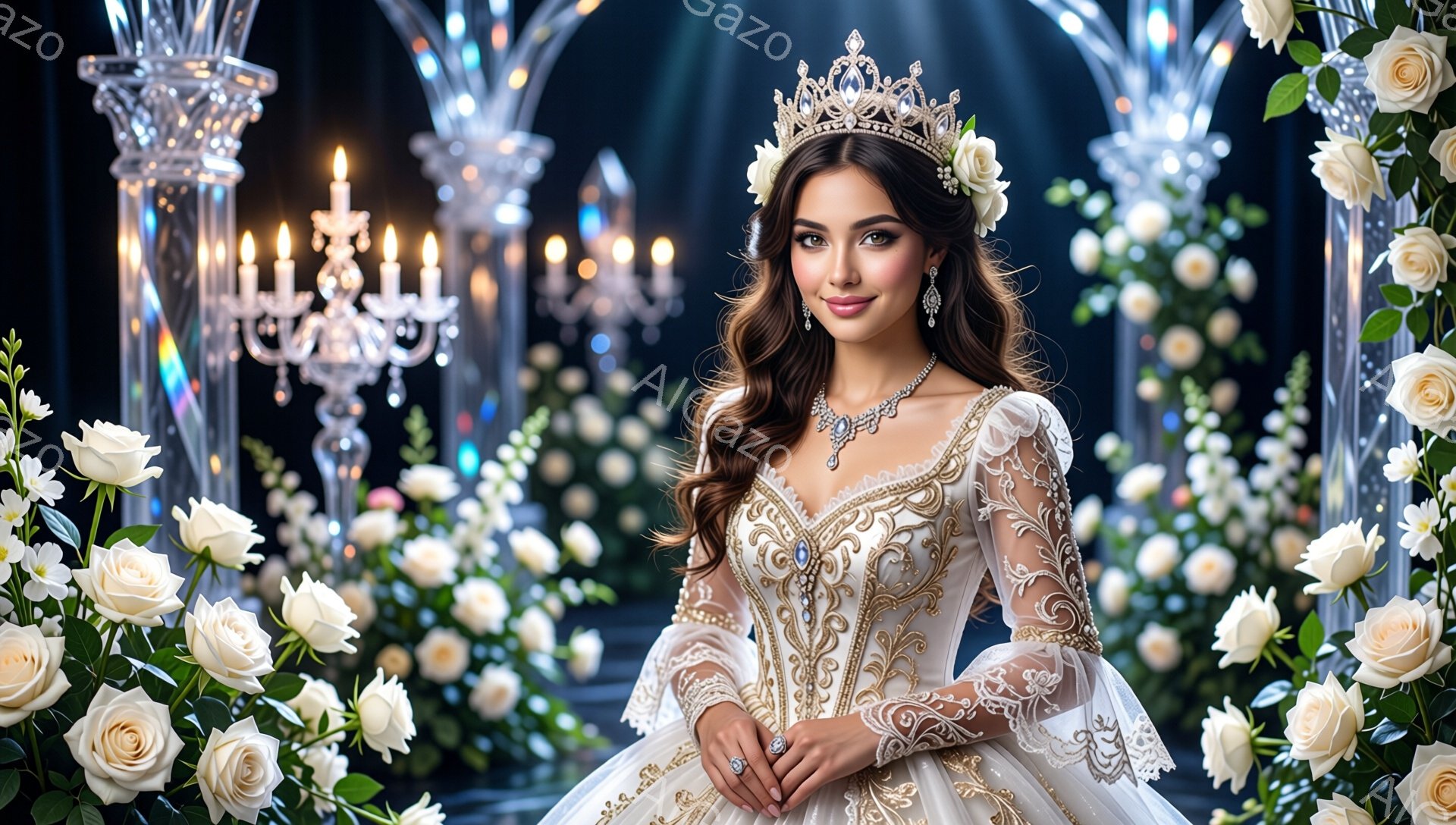 豪華なウェディングドレスを身に着けた女性が、優雅にポーズを取っています。彼女は金色の刺繍が施された白いドレス、ティアラ、輝く宝石類を身につけ、柔らかな笑顔を浮かべています。背景には、白いバラの花、シャンデリア、アーチ状の装飾が広がり、おとぎ話のような夢のような雰囲気を醸し出しています。