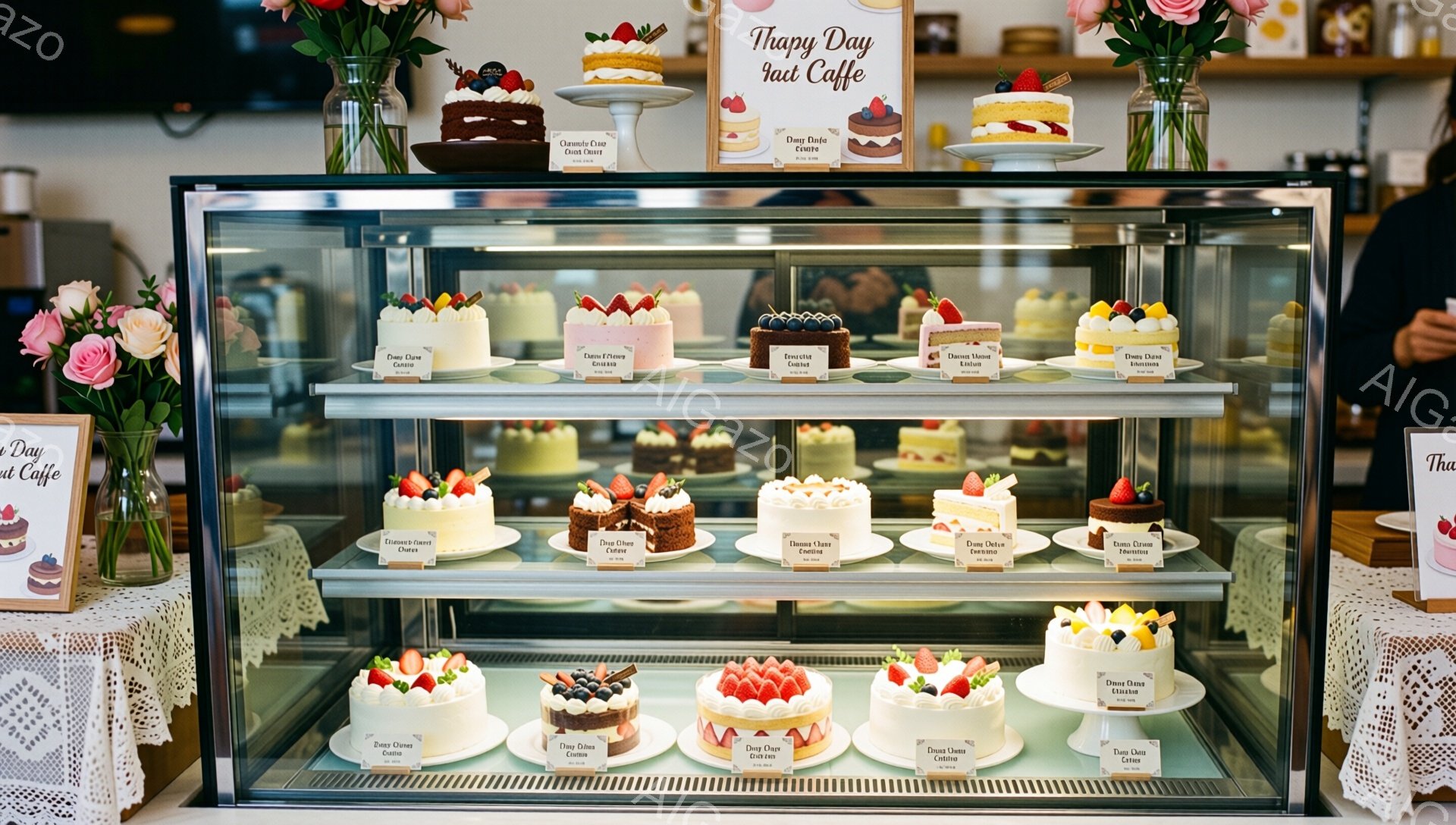 ショーケースの中に、カラフルで可愛らしいケーキが整然と並んでいます。イチゴ、ブルーベリー、マンゴーなど、様々なフルーツを飾り、見た目にも華やかです。背景には「Happy Day Caffe」の文字が見え、明るく温かい雰囲気が漂っています。