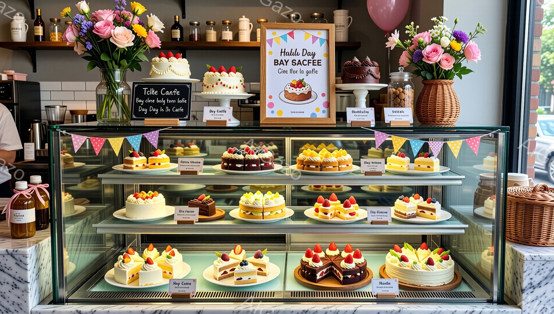 ショーケースには、色とりどりの可愛らしいケーキが整然と並べられています。背景には花束や瓶が飾られ、明るい雰囲気のカフェやケーキショップであることがわかります。ケーキの種類も豊富で、イチゴやクリームをたっぷり使ったものが多く、食欲をそそります。