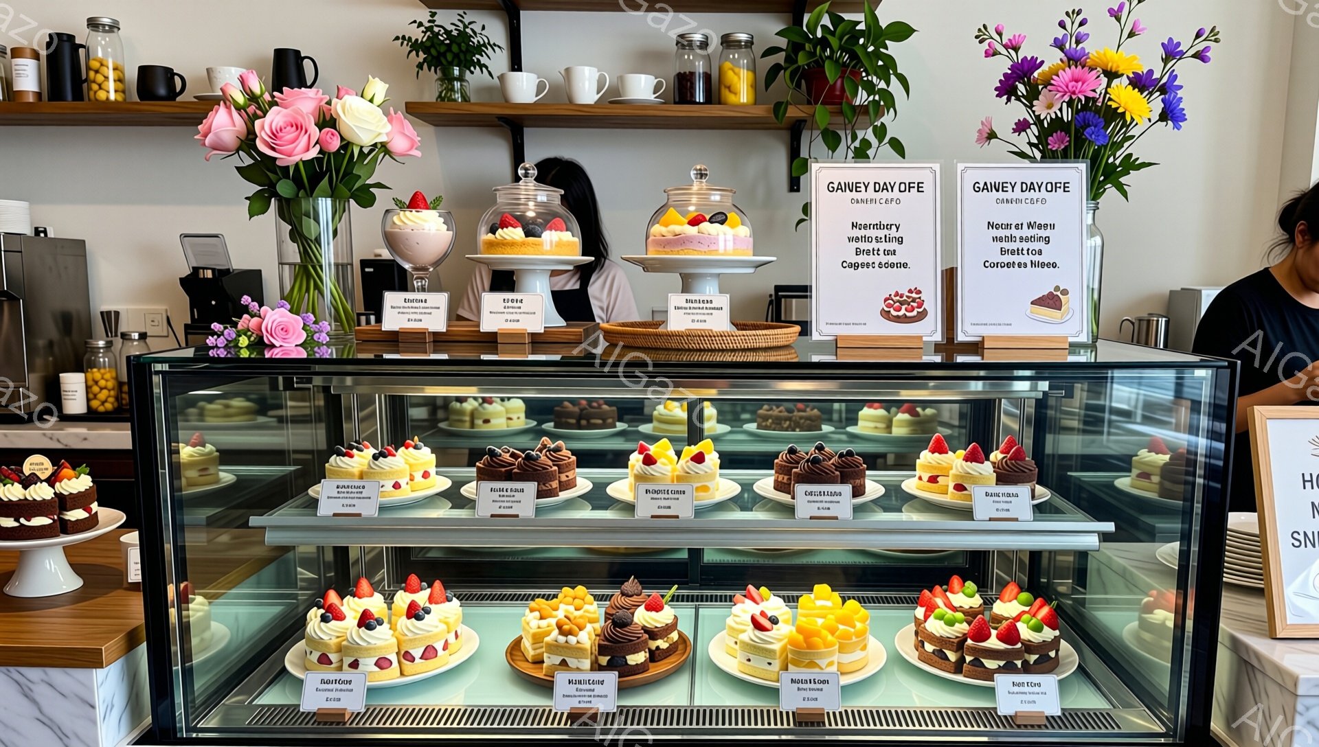 店内にショーケースが置かれ、カラフルなミニケーキが整然と並べられています。背景には花瓶に生けられた鮮やかな花々が飾られ、ガラス瓶に入ったお菓子も置かれています。全体的に明るく、洗練された雰囲気のカフェやスイーツショップの様子です。