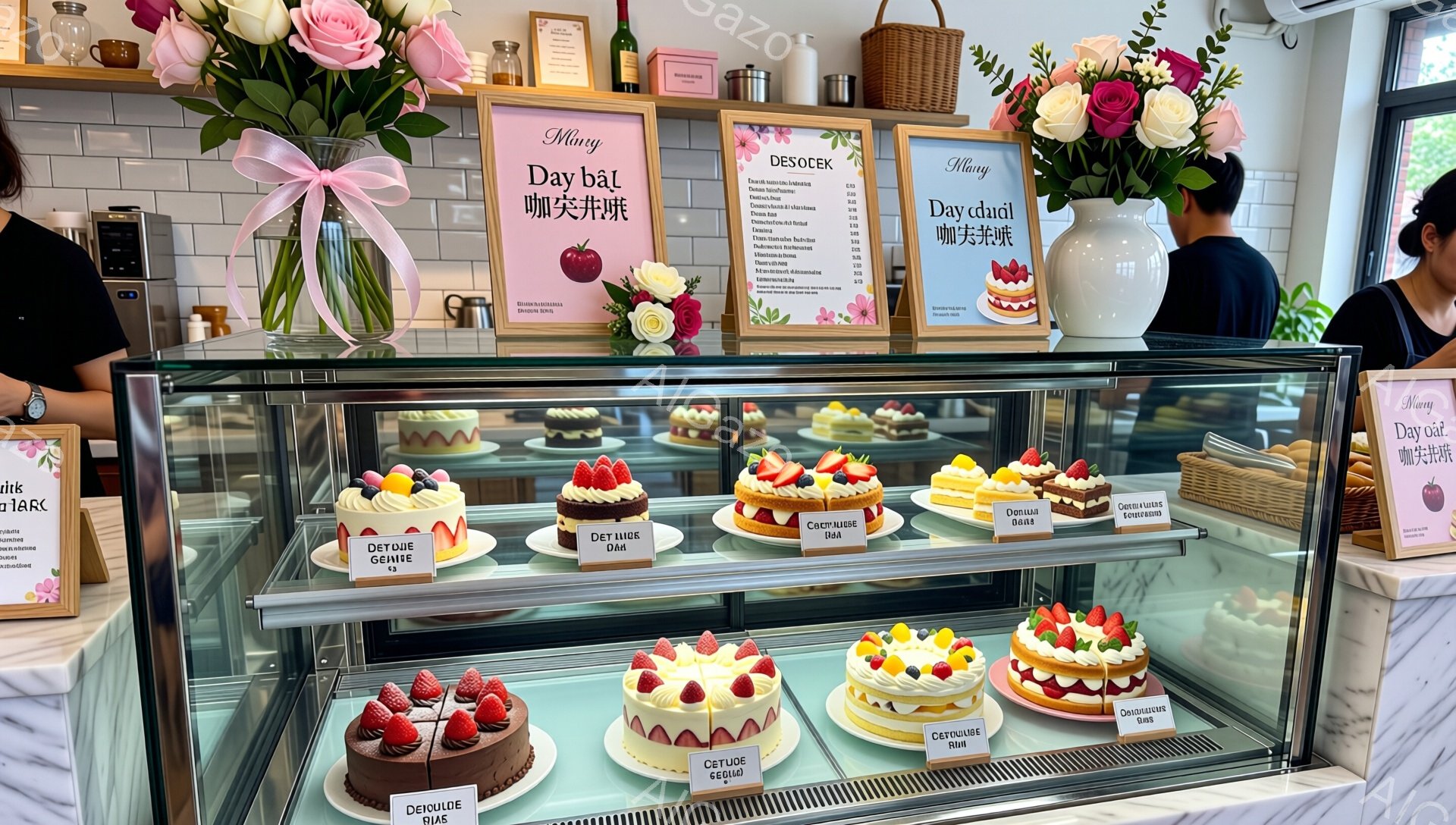 店内のショーケースには、イチゴやフルーツをたっぷり使った美しいケーキが並べられています。ケーキはそれぞれ異なるデザインで、クリームやトッピングが華やかさを添えています。背景にはメニューが掲示され、明るく清潔感のあるカフェの雰囲気が伝わってきます。