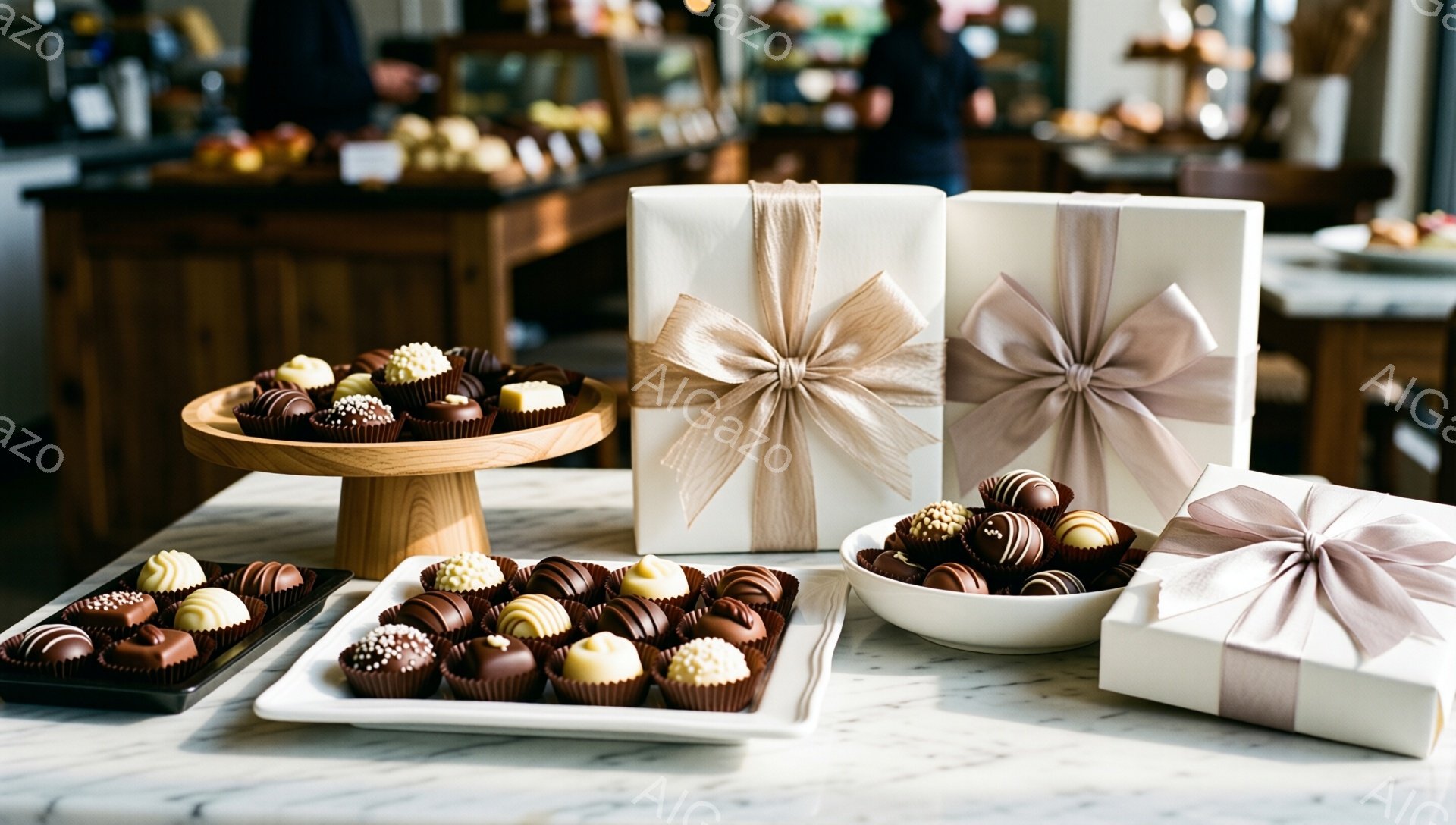 白い大理石のテーブルの上に、様々なチョコレート菓子が美しく並べられています。ギフトボックスには、薄いベージュのリボンが大きく結ばれており、上品な印象を与えます。背景には、木製のカウンターとぼんやりとした人物が見え、高級感のあるチョコレートショップの雰囲気が漂っています。