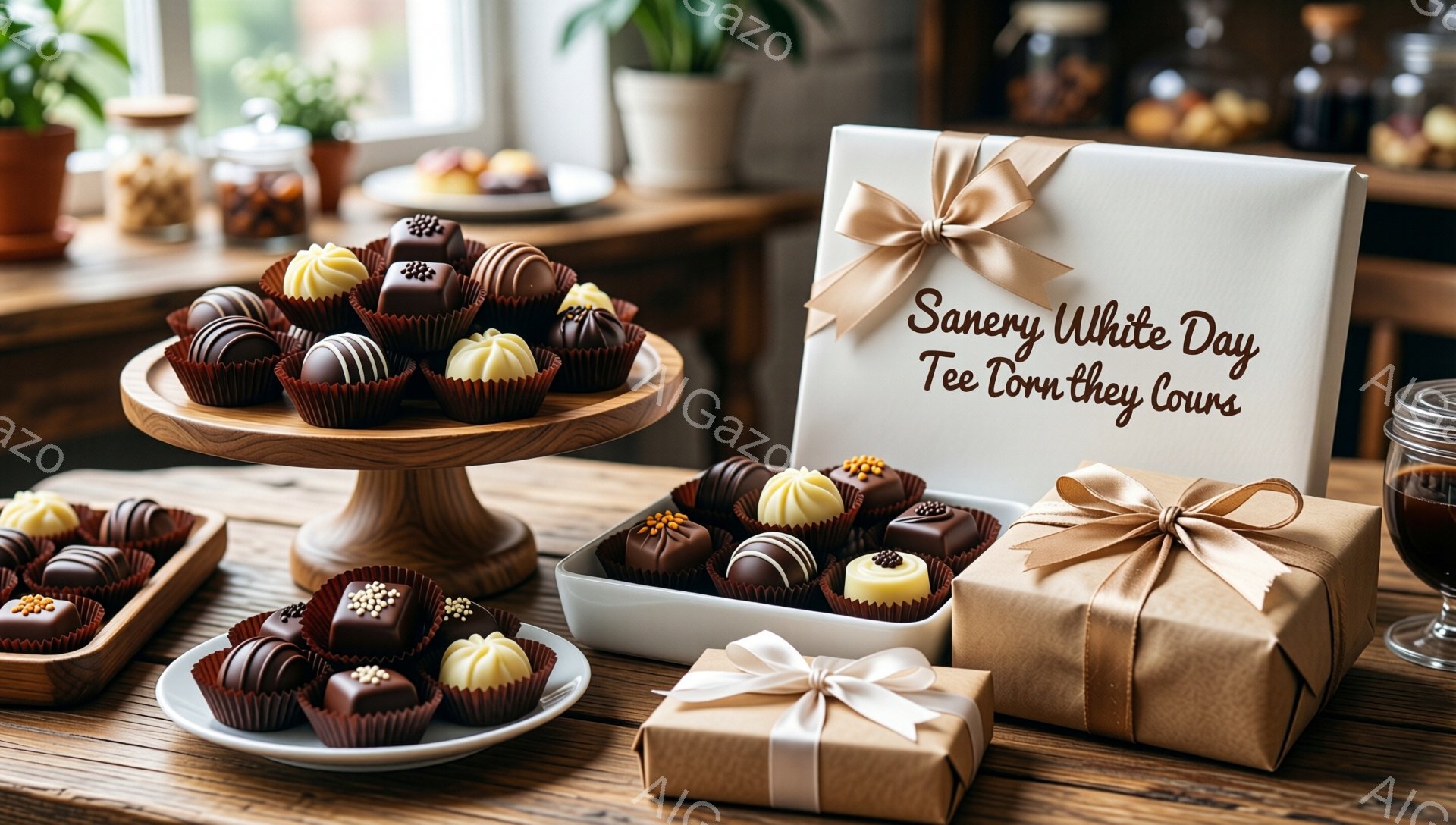 チョコレートが美しく並べられた静物画です。木製のテーブルの上には、紙製のカップに入った様々な種類のチョコレートが、ケーキスタンドや箱の上に飾られています。背景には瓶や植物が見え、暖かく落ち着いた雰囲気を醸し出しています。