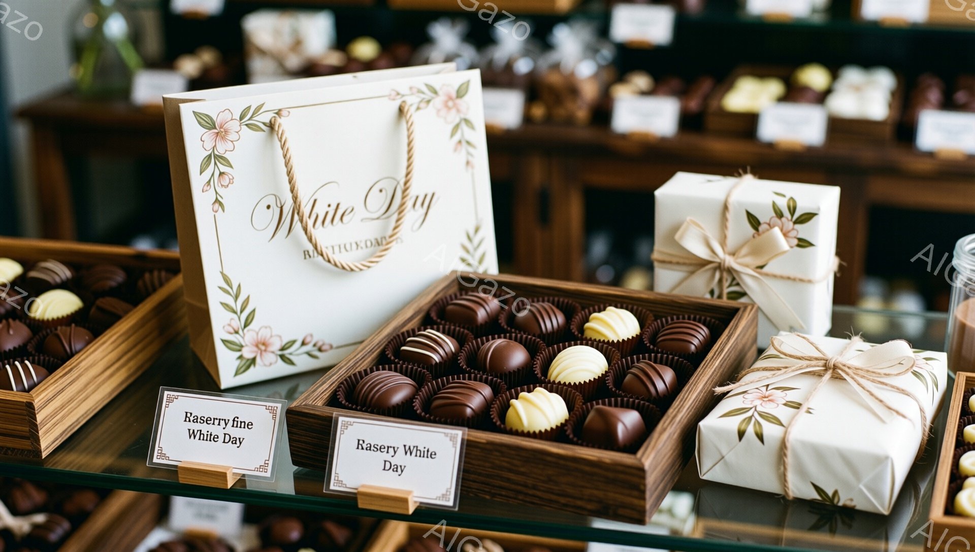 画像には、バレンタインデーのお返しであるホワイトデーのチョコレートが展示されています。木製の箱に並んだチョコレートは、ミルクチョコレートとホワイトチョコレートでコーティングされており、上品な印象を与えます。背景には他のチョコレートやギフトがぼやけて見え、贈り物を提供するお店の様子が伺えます。
