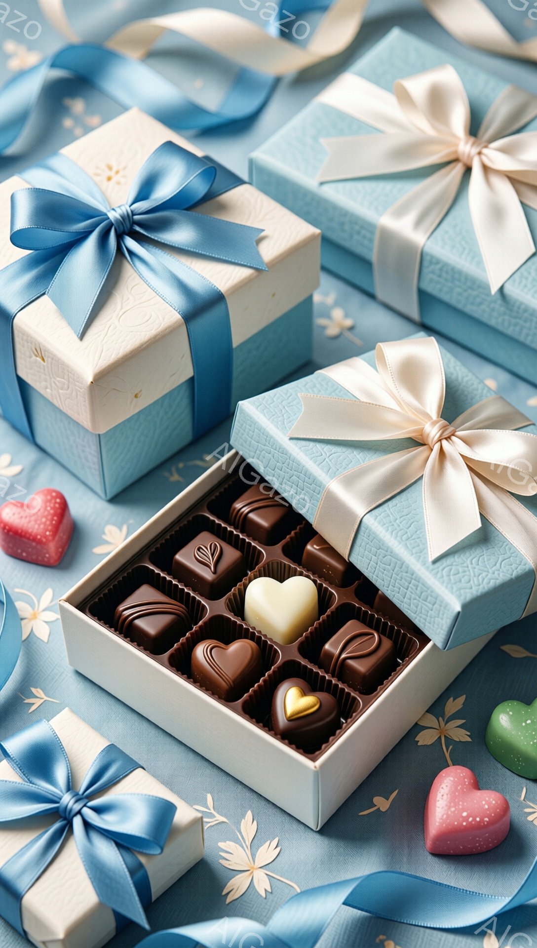 浅い青色のテーブルクロスの上に、リボンで結ばれたチョコレートのギフトボックスがいくつか置かれています。開いた箱の中には、様々な種類のチョコレートが整然と並んでおり、特にハート型のチョコレートが目につきます。全体的に穏やかで甘い雰囲気が漂い、バレンタインやその他の特別な機会を祝うための贈り物として最適です。
