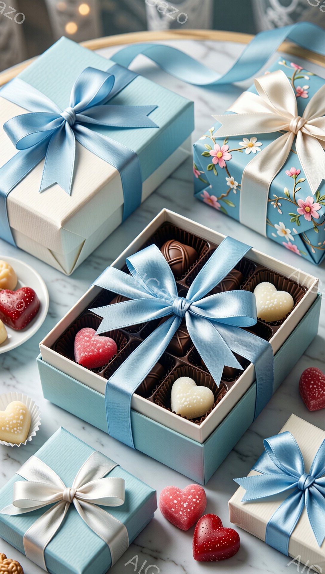 白いチョコレート、赤いチョコレート、茶色のチョコレートが並んだ、空色の箱がいくつか写っています。箱はリボンで飾られており、それぞれ異なる模様の包装紙で包まれています。背景は白い大理石調のカウンターで、上品で甘い雰囲気が漂っています。