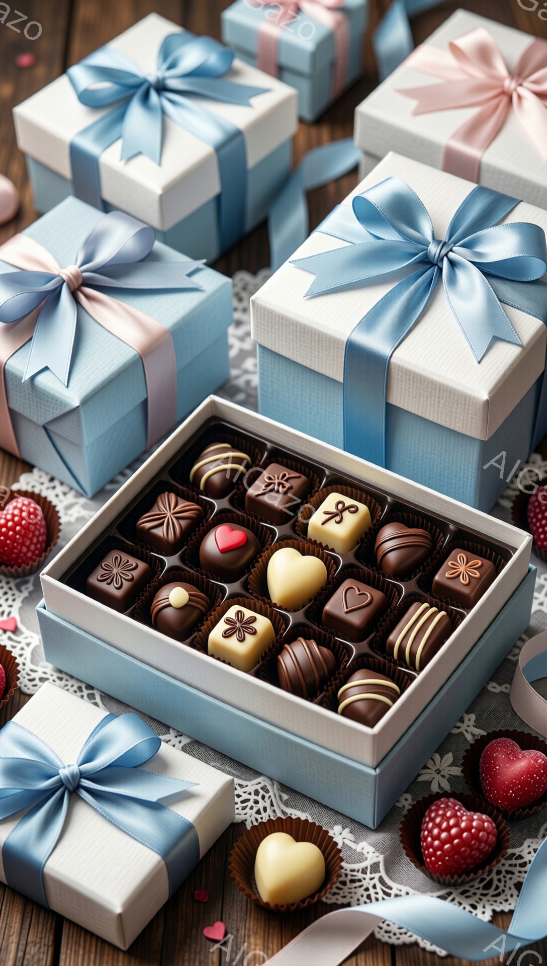 チョコレートが並んだ空色の箱が、同じく空色と薄いピンクのリボンで飾られたギフトボックスと共に、木製のテーブルの上に置かれています。箱の中には、様々な形のチョコレートがぎっしりと並び、周りにはレースのドイリー、ハート型のチョコレート、そしてラズベリーが散りばめられています。全体的に甘く、ロマンチックな雰囲気が漂い、バレンタインデーや特別な日のプレゼントにふさわしい光景です。