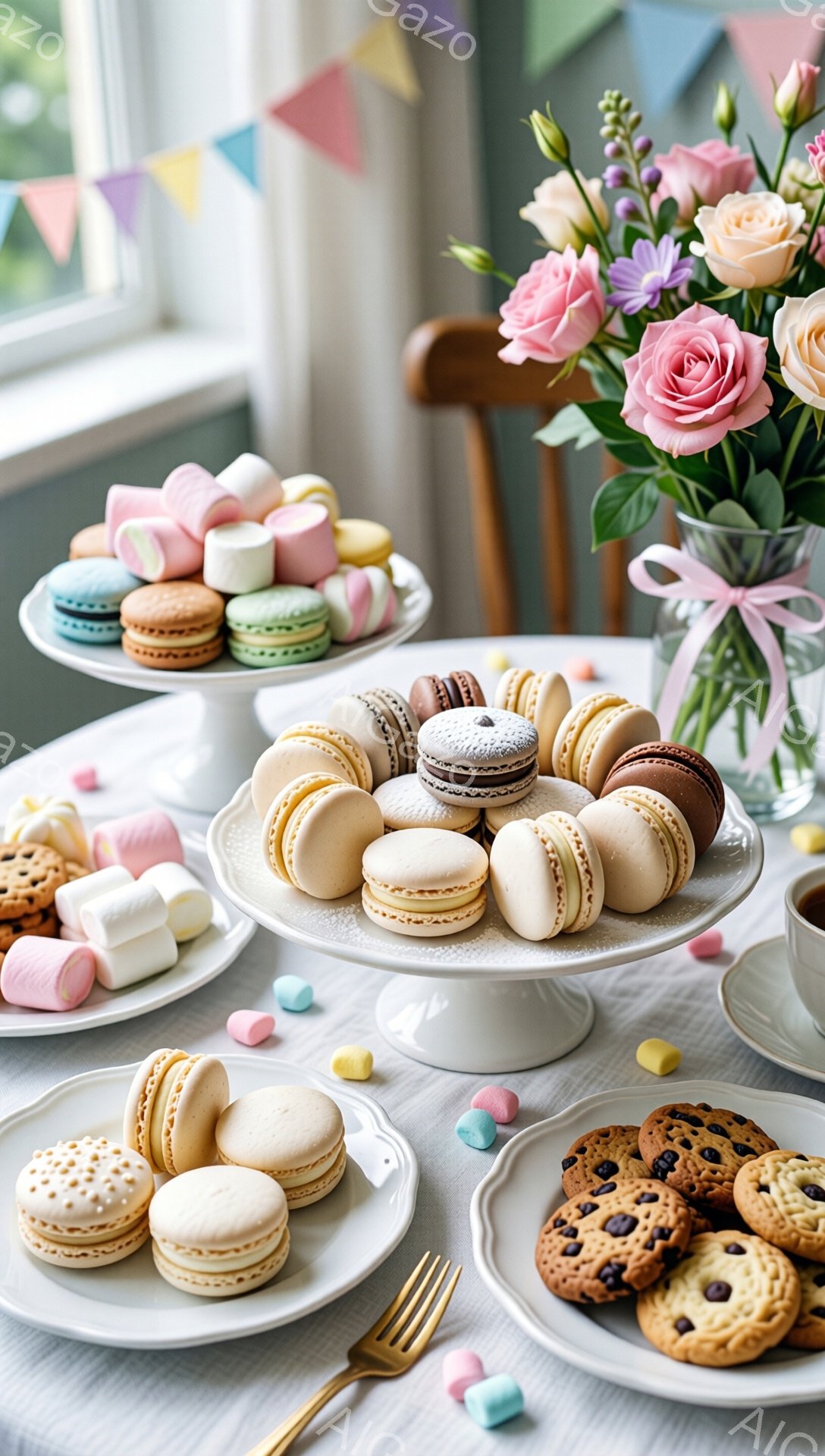 白いリネンのテーブルクロスの上に、カラフルなマカロン、マシュマロ、チョコレートチップクッキーが盛られたケーキスタンドが並んでいます。背景には、ピンクと白のバラの花束が飾られた花瓶と、パステルカラーの旗が飾られた窓が見え、柔らかく明るい雰囲気です。全体的に、甘くてお祝いのデザートパーティーのシーンを捉えた写真です。