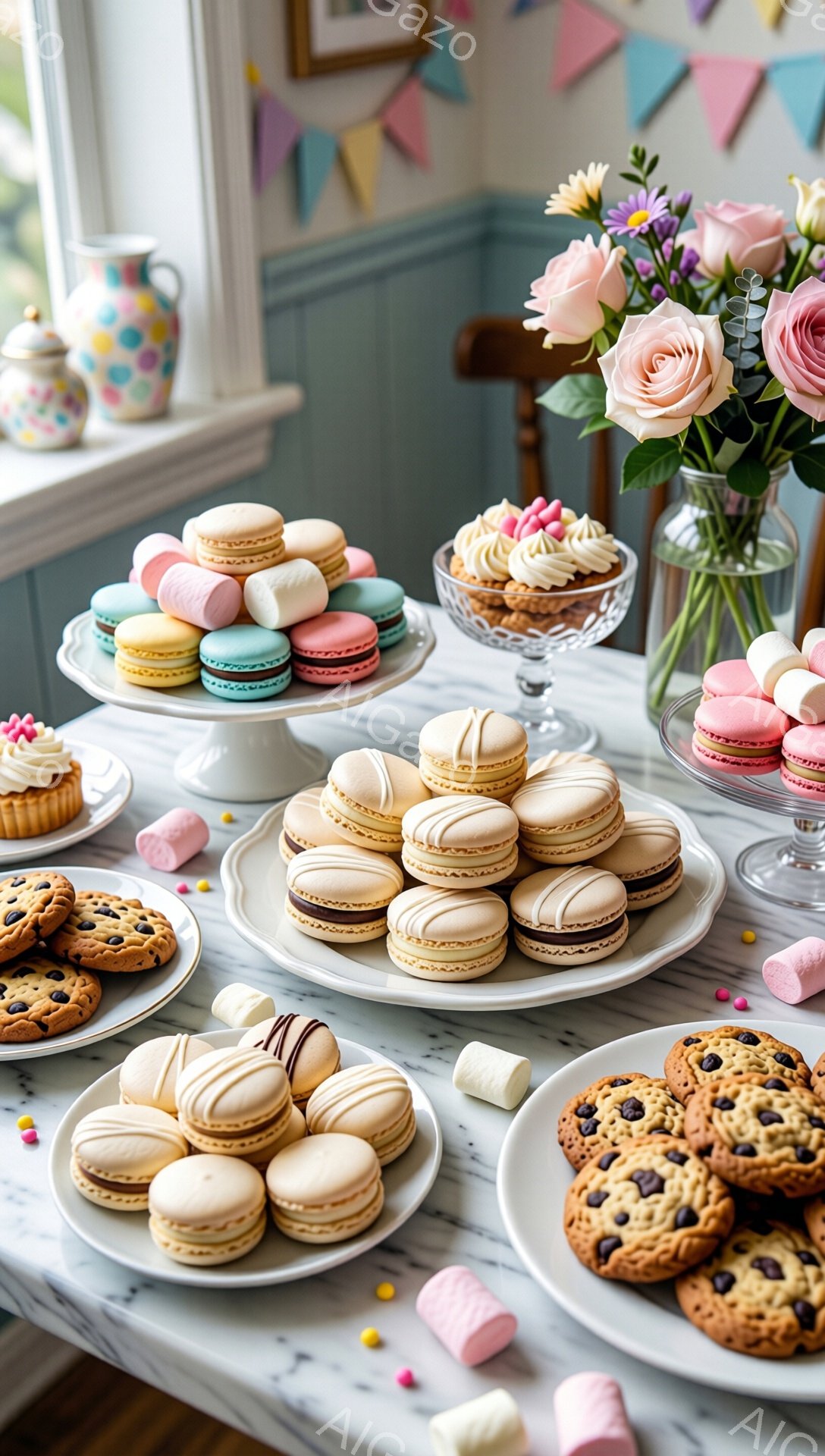 明るい窓辺に、マカロン、クッキー、マシュマロ、カップケーキが並べられたテーブルが写っている。淡い色合いのスイーツが、まるでパステルカラーの絵の具のように配置され、春らしい華やかな雰囲気を醸し出している。背景には、カラフルな旗飾りや花瓶に活けられた花が飾られ、ティーパーティーのような穏やかで甘い時間が感じられる。