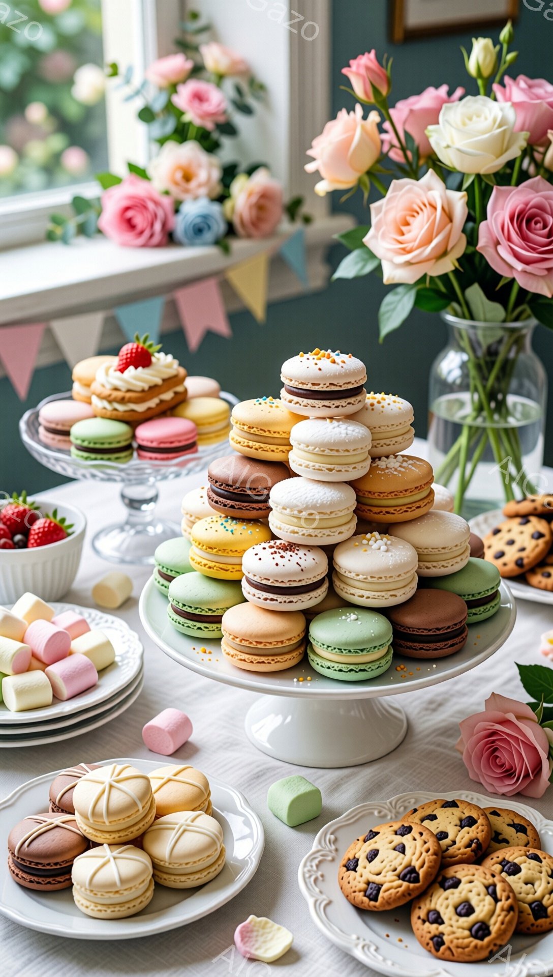 白いテーブルクロスの上に、色とりどりのマカロンのタワー、クッキー、マシュマロが並べられています。背景には、窓から差し込む光と、花が飾られた花瓶、そしてパステルカラーのガーランドが見え、華やかで優しい雰囲気を醸し出しています。全体的に、お菓子パーティーやティータイムを連想させる、明るく幸せなイメージです。