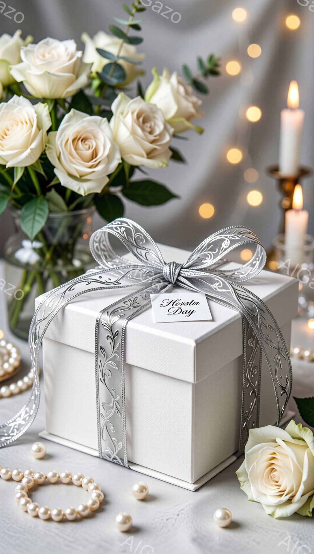 白いバラの花と真珠のネックレスに囲まれた、銀色のリボンで飾られた白いギフトボックスが中央に配置されています。背景には、ぼやけた光のストリングライトが暖かく、ロマンチックな雰囲気を醸し出しています。全体的に、洗練された優雅さがあり、特別な機会や贈り物を示唆するイメージです。