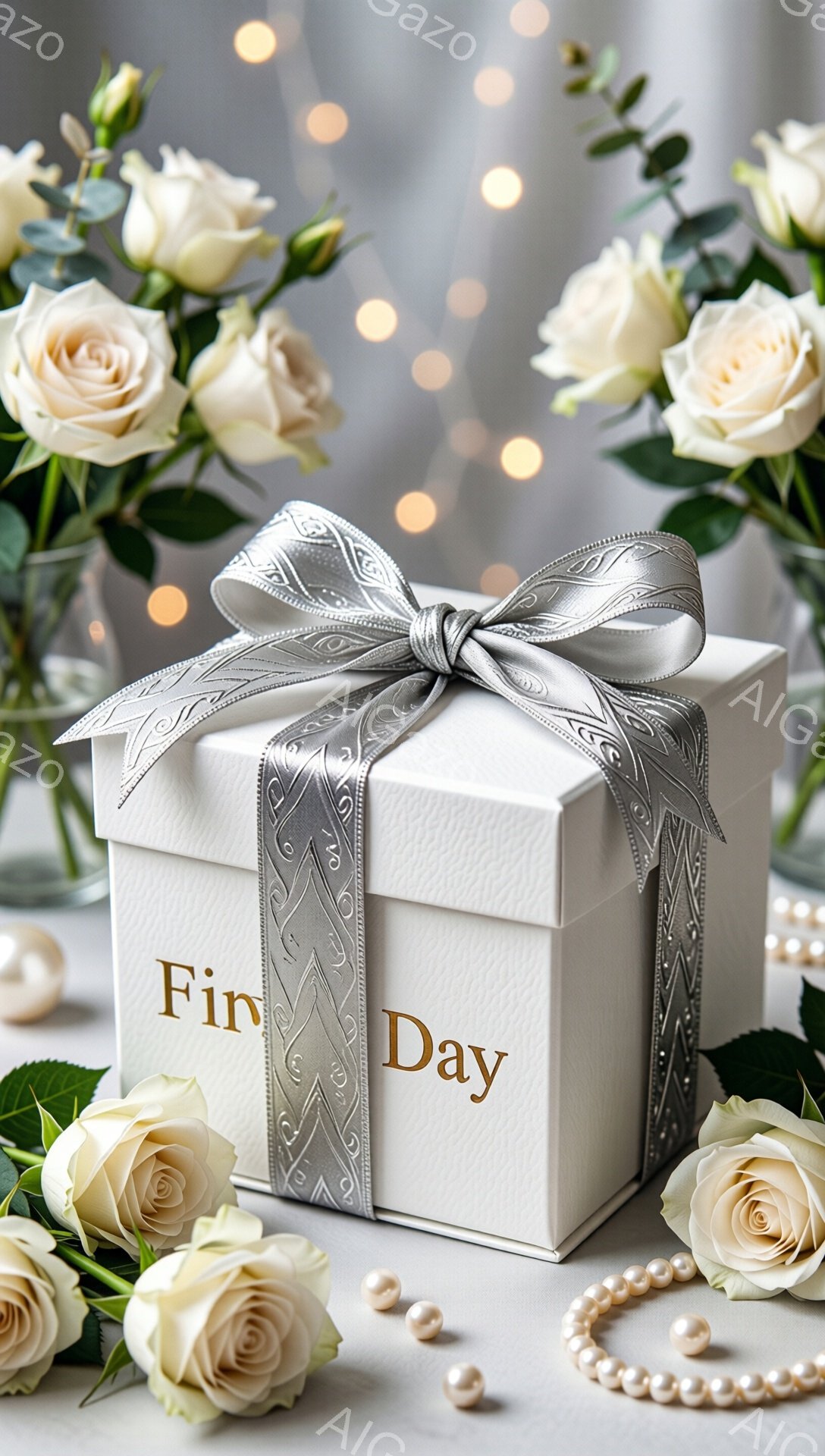 白い箱が中央に配置され、銀色のリボンで美しく飾られています。箱の周囲には、オフホワイト色のバラや真珠のネックレスが散りばめられ、背景にはぼやけた光が輝いています。全体的に優雅でロマンチックな雰囲気が漂い、特別な日の贈り物を示唆しているようです。