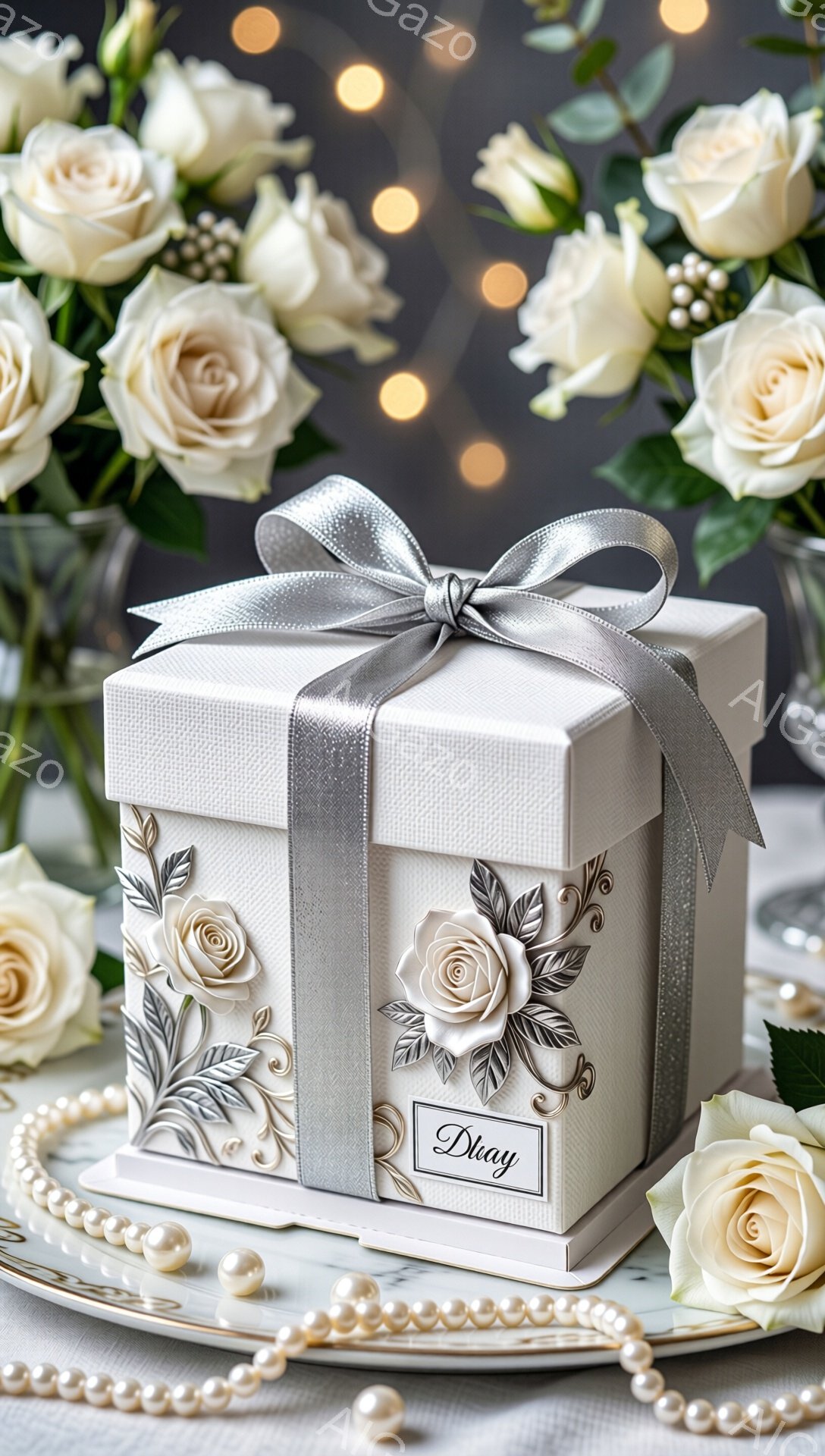 白いバラとパールが散りばめられた上品なテーブルの上に、銀色のリボンで飾られた白いギフトボックスが置かれています。ギフトボックスにはバラのレリーフが描かれ、繊細で優雅な雰囲気を醸し出しています。背景にはぼんやりと光る光があり、ロマンチックで特別な機会にふさわしい、温かい雰囲気を演出しています。