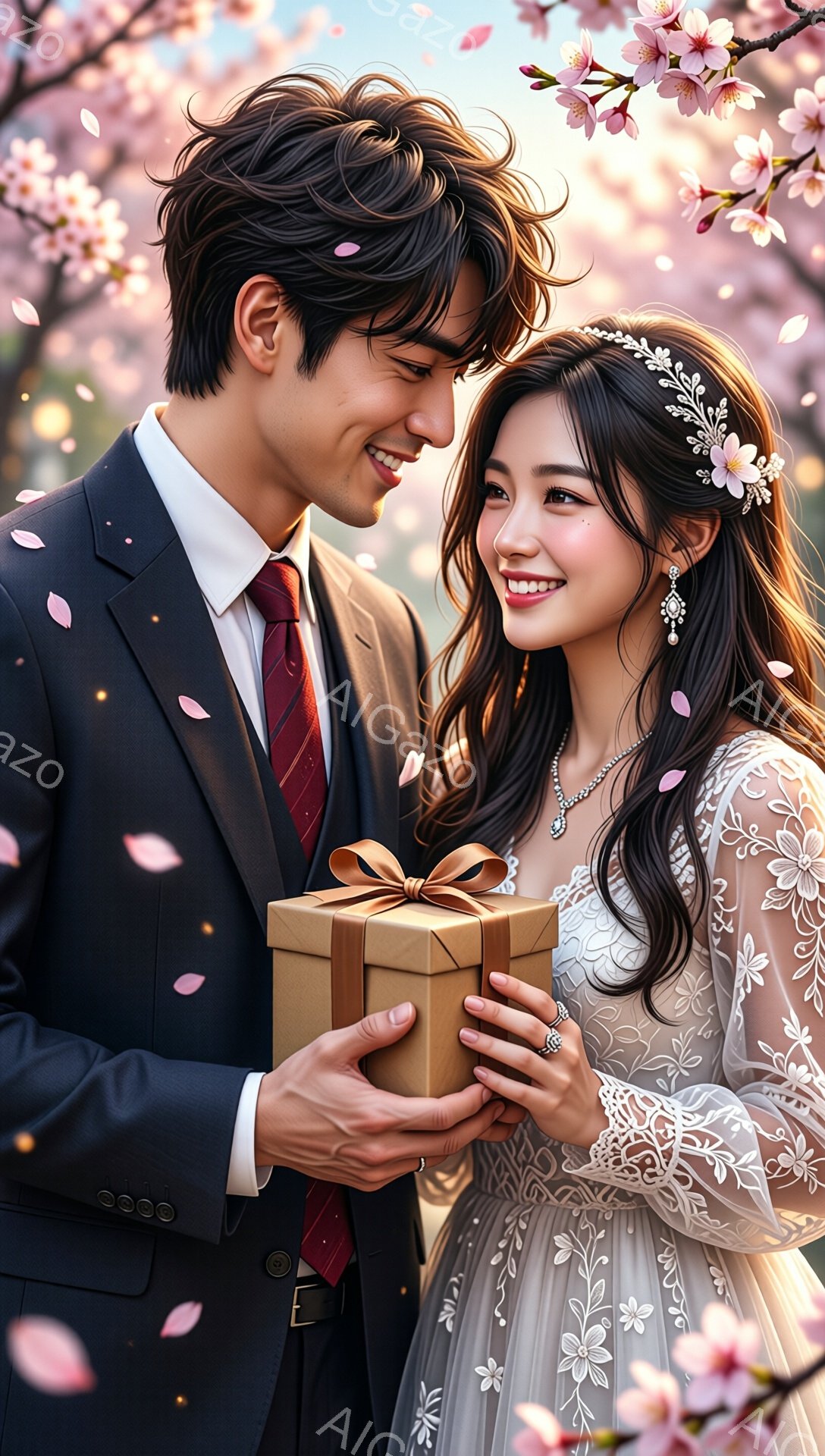 新郎は黒いスーツに赤いネクタイを着用し、花嫁にプレゼントの箱を手渡しています。花嫁は白いレースのウェディングドレスを着て、髪には花飾りとイヤリングをつけて微笑んでいます。背景には桜の花びらが舞い散り、 - AI生成フリー素材
