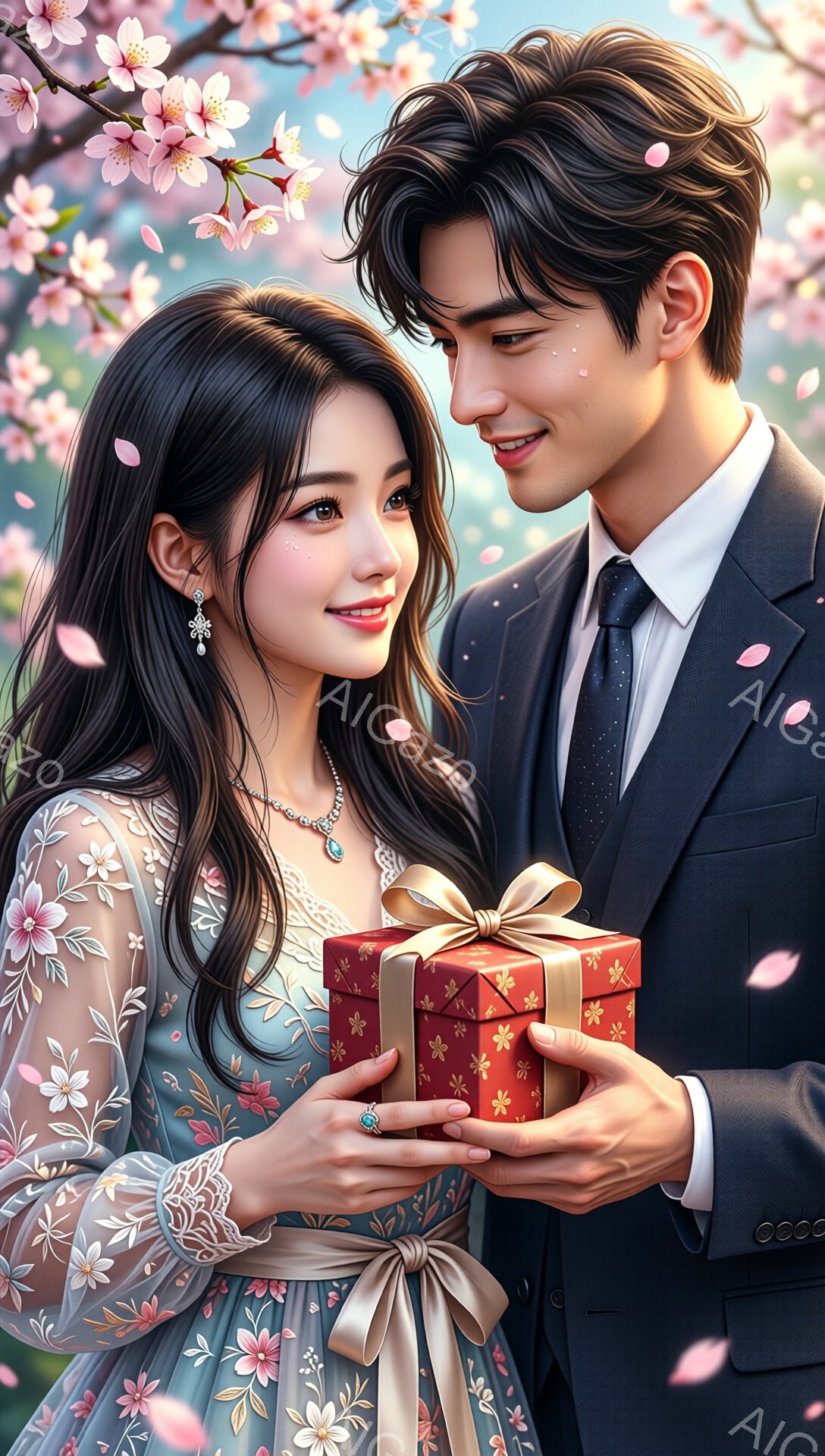 美しい女性は、花柄のレースが施された水色のドレスを着ており、肩には繊細な白いショールをかけています。彼女は片手に赤いリボンで結ばれたプレゼントの箱を持ち、微笑みを浮かべています。男性は黒いスーツとネク - AI生成フリー素材