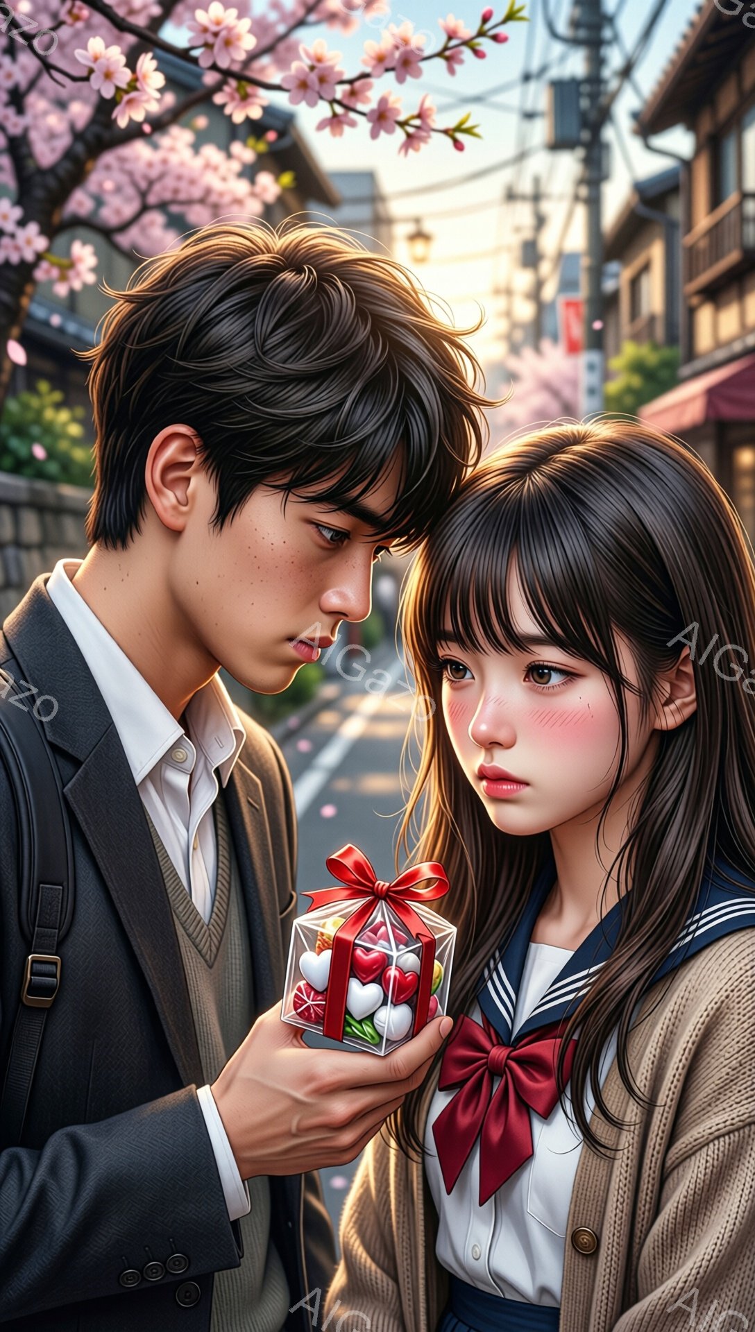 若い男性が若い女性に透明な箱に入ったキャンディーを差し出しています。男性は制服のようなジャケットを着ており、女性はセーラー服にカーディガンを羽織っています。背景には桜並木が咲き誇り、日本の住宅街が広が - AI生成フリー素材