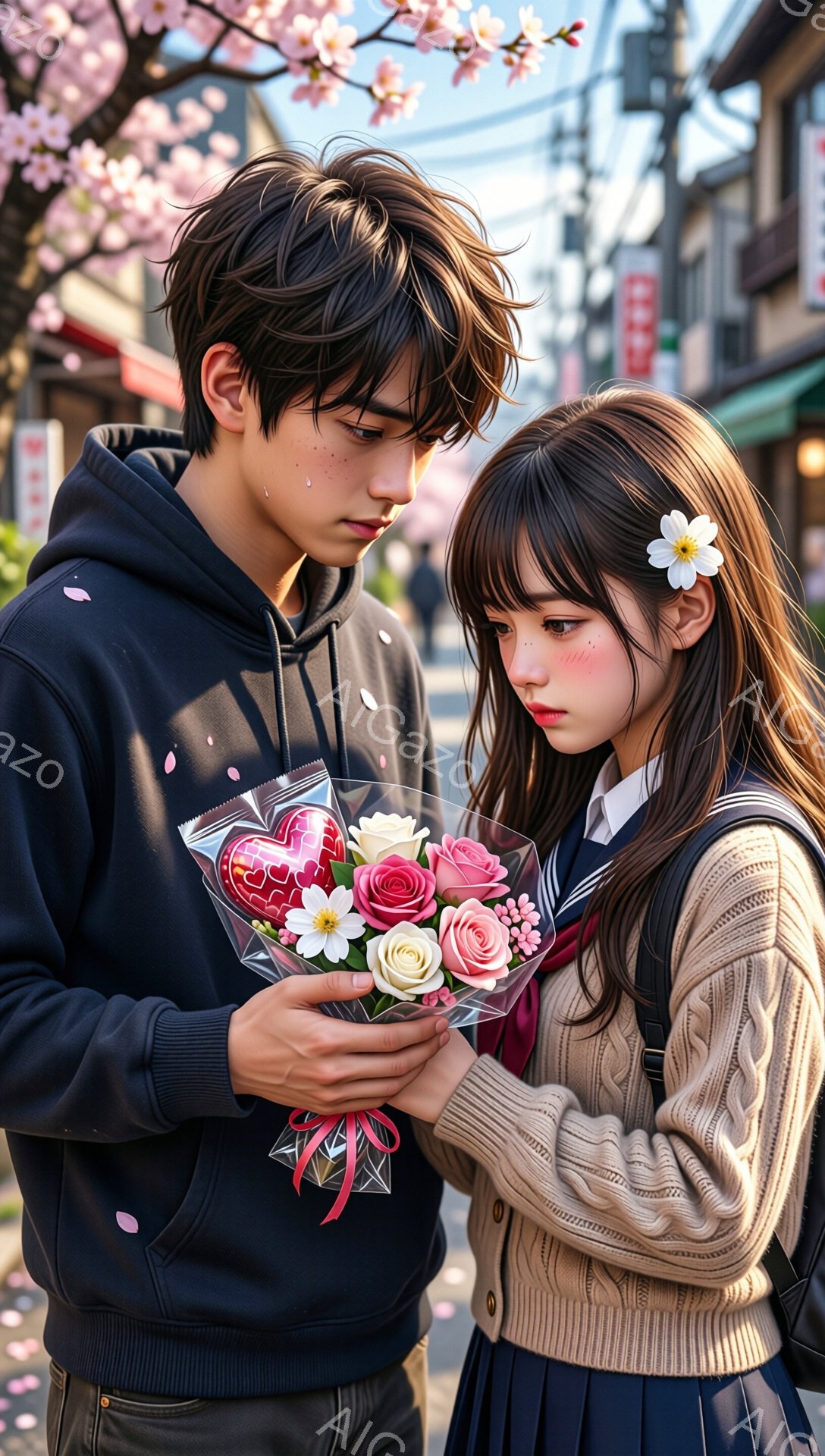 若い男性が、ピンクと赤のバラの花束を少女に差し出そうとしている場面です。少女は制服姿で、髪に白い花飾りをつけ、少し悲しげな表情をしています。背景には桜並木と建物が見え、桜の花びらが舞い散る春の穏やかな - AI生成フリー素材