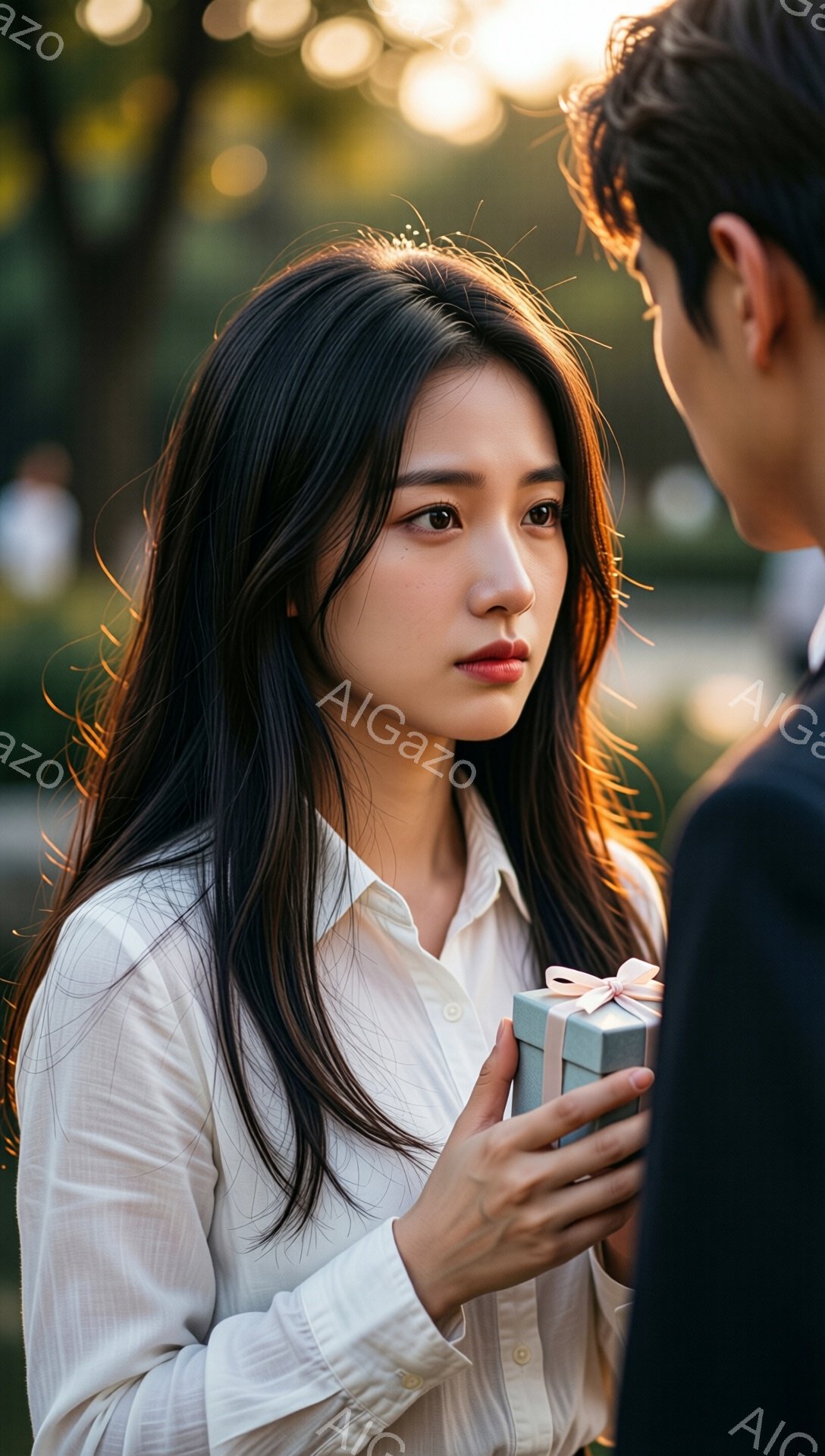 長い黒髪をなびかせた女性が、薄い水色のリボンのかかった小さな箱を持っています。彼女は白いシャツを着ており、少し憂いを含んだ表情で、箱を差し出す相手を見上げています。背景には緑豊かな自然が広がり、夕暮れ時の柔らかな光が差し込んで、ロマンチックで少し緊張感のある雰囲気を醸し出しています。