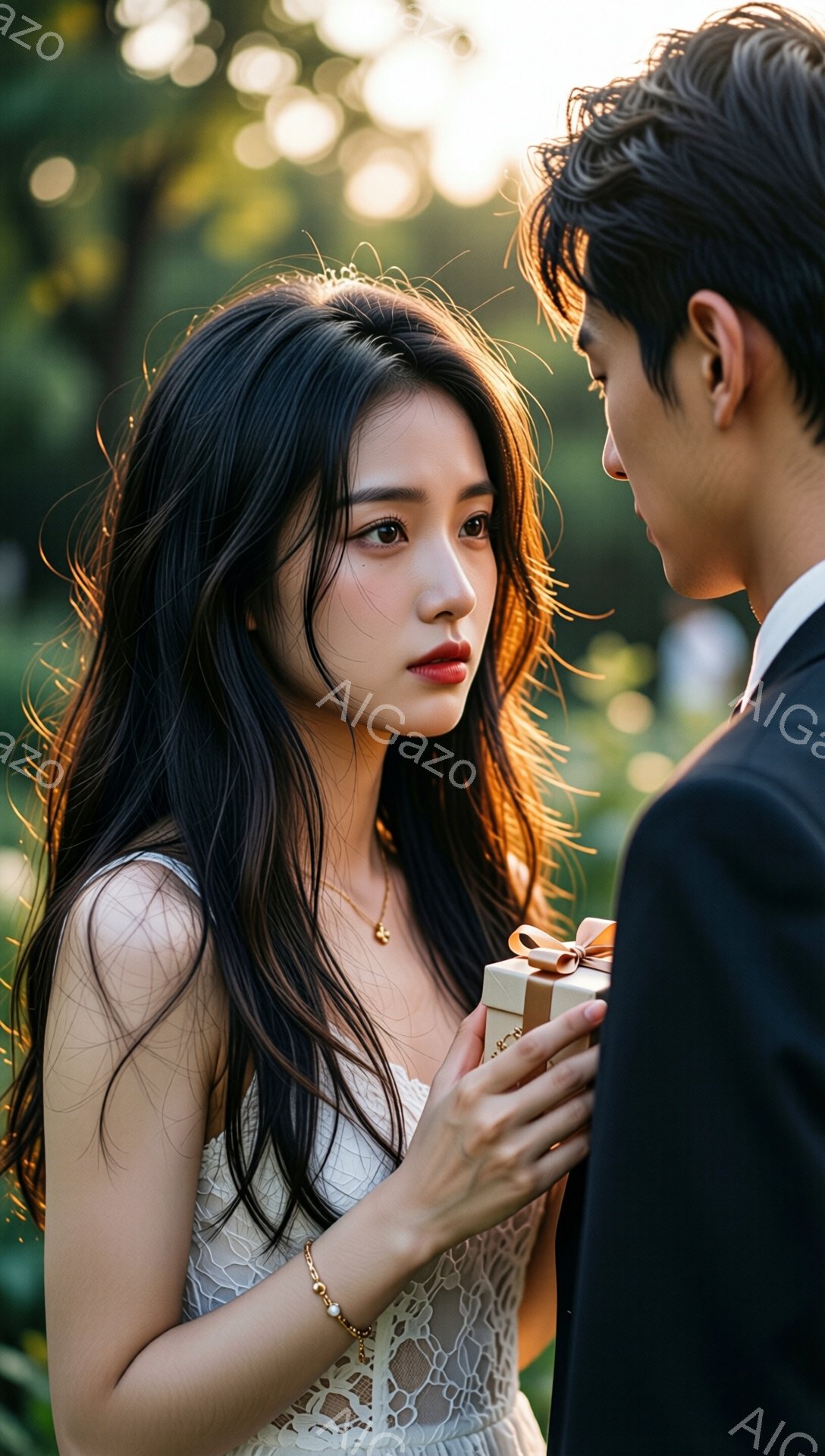 長い黒髪をなびかせた女性が、レースの白いドレスを着ています。彼女は少し憂いを帯びた表情で、金のアクセサリーを身につけ、小さなギフトボックスを手に持っています。背景には緑豊かな植物があり、夕日の光が差し - AI生成フリー素材